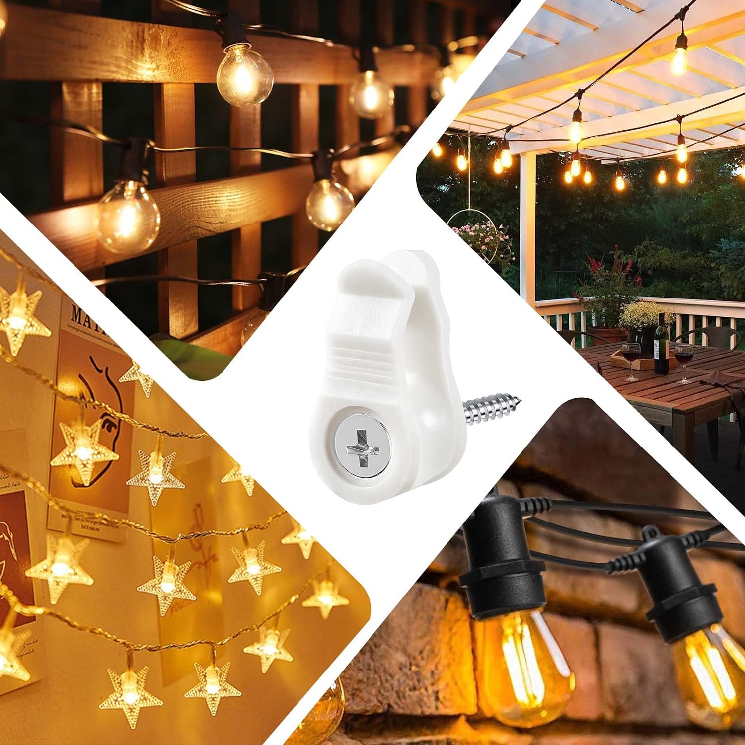 60 Pack Hooks for Outdoor String Lights, Christmas Light Clips, Waterproof Light Hanger Hooks Screw-in Hooks Pergola hooks Fence Hooks for hanging Christmas lights, Cable, Rope, Fairy Lights-White