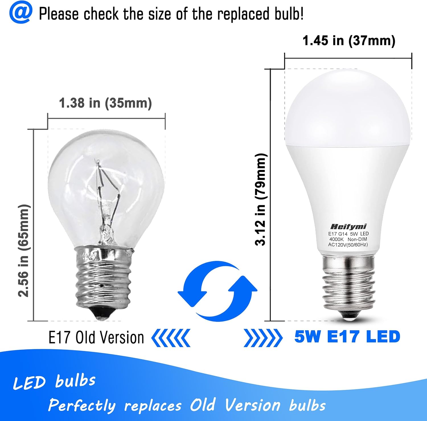 Heifymi E17 Intermediate Base 5W LED Bulb, 40 Watts Equivalent, Neutral/Natural White 4000K, 500 Lumens, AC120 Volts, LED Replacement for Chandelier Ceiling Fan Lights Bulbs, Non-dimmable(4 Pack)