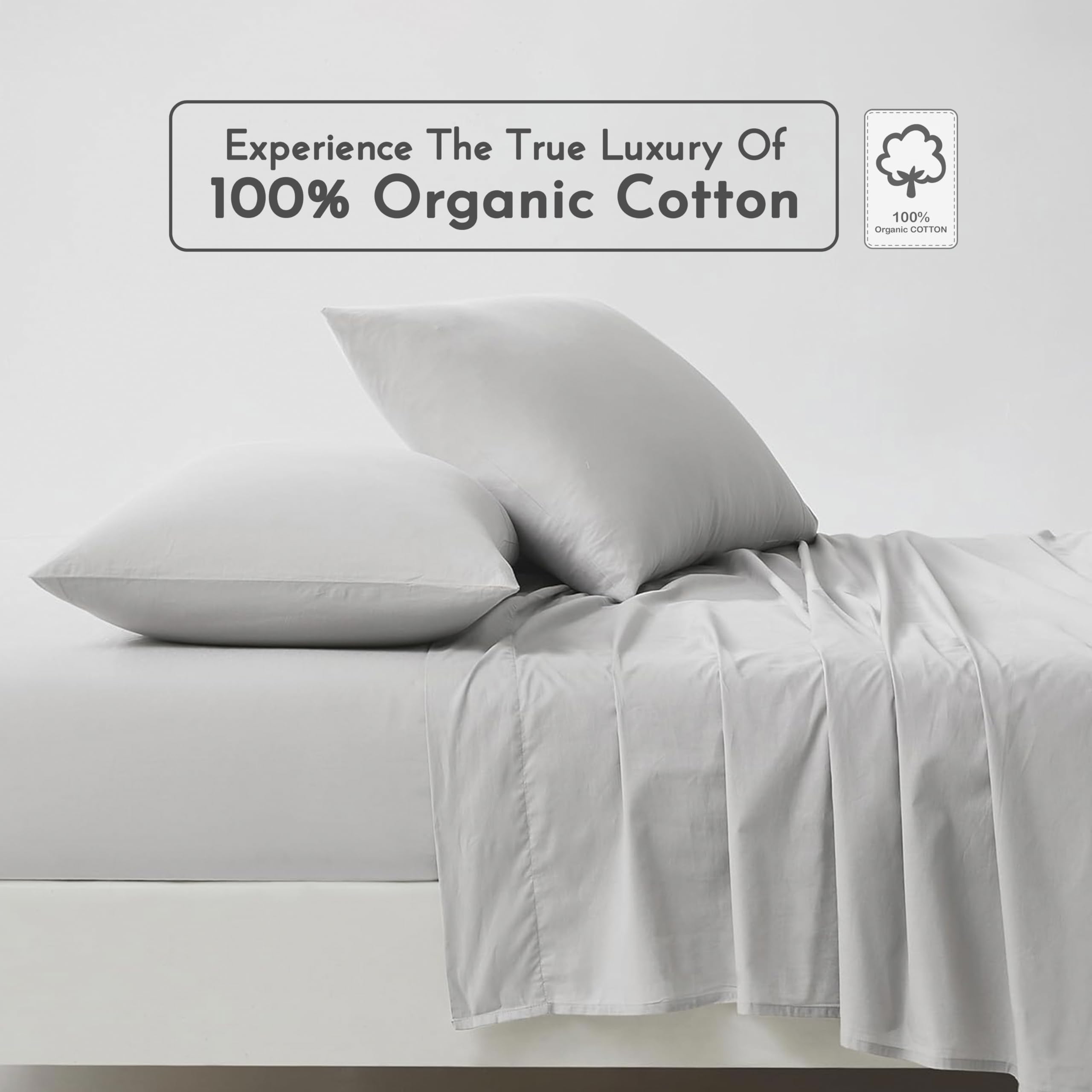 Linen Closet Lussuoso set di lenzuola in cotone biologico a 144 fili, 4 pezzi, grigio chiaro