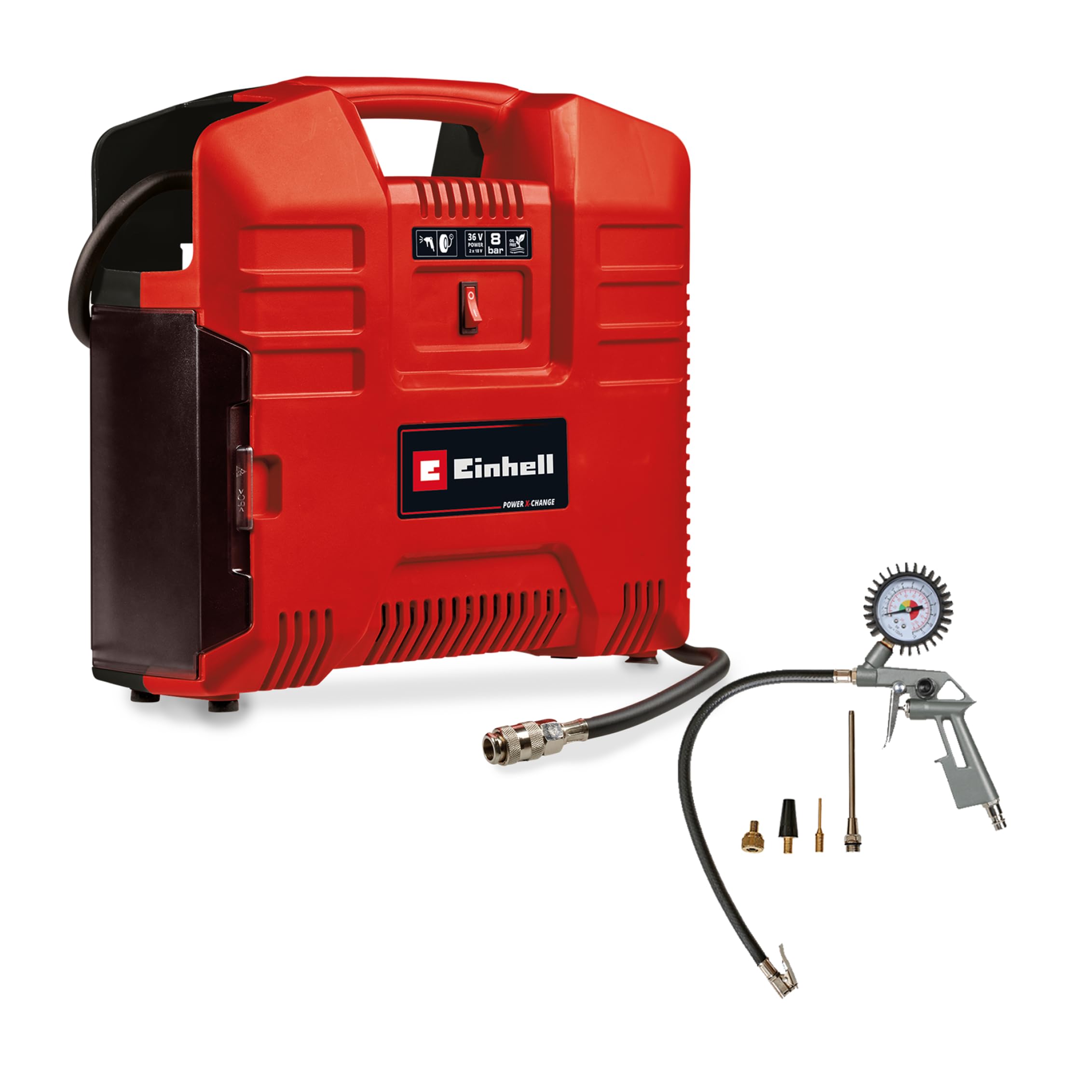 Einhell Akülü Çanta Tipi Kompresör TE-AC 36/8 Li OF Set-Solo Power X-Change (36 V, maks. 8 bar, yağsız, 130 l/dk emiş kapasitesi, 3-parçalı adaptör seti dahildir, akü ve şarj cihazı dahil değildir)