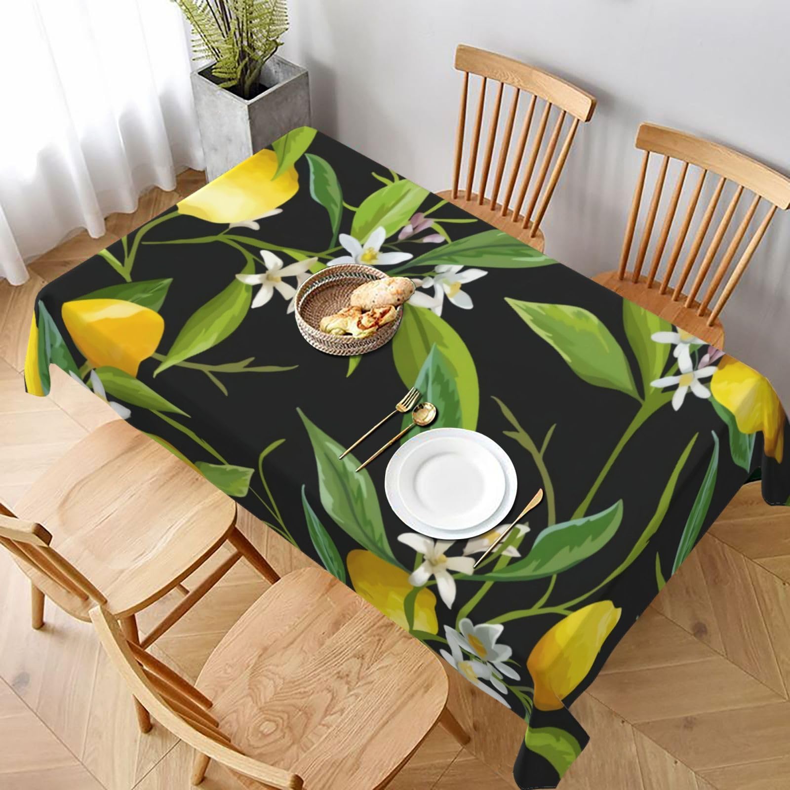 BNVSADC Lemon and Flower Printed Rectangle Tablecloth 228x152 CM, Water Resistant Polyester Table Cloth Decorative Fabric Table Covers for Kitchen Dining Table Parties Camping