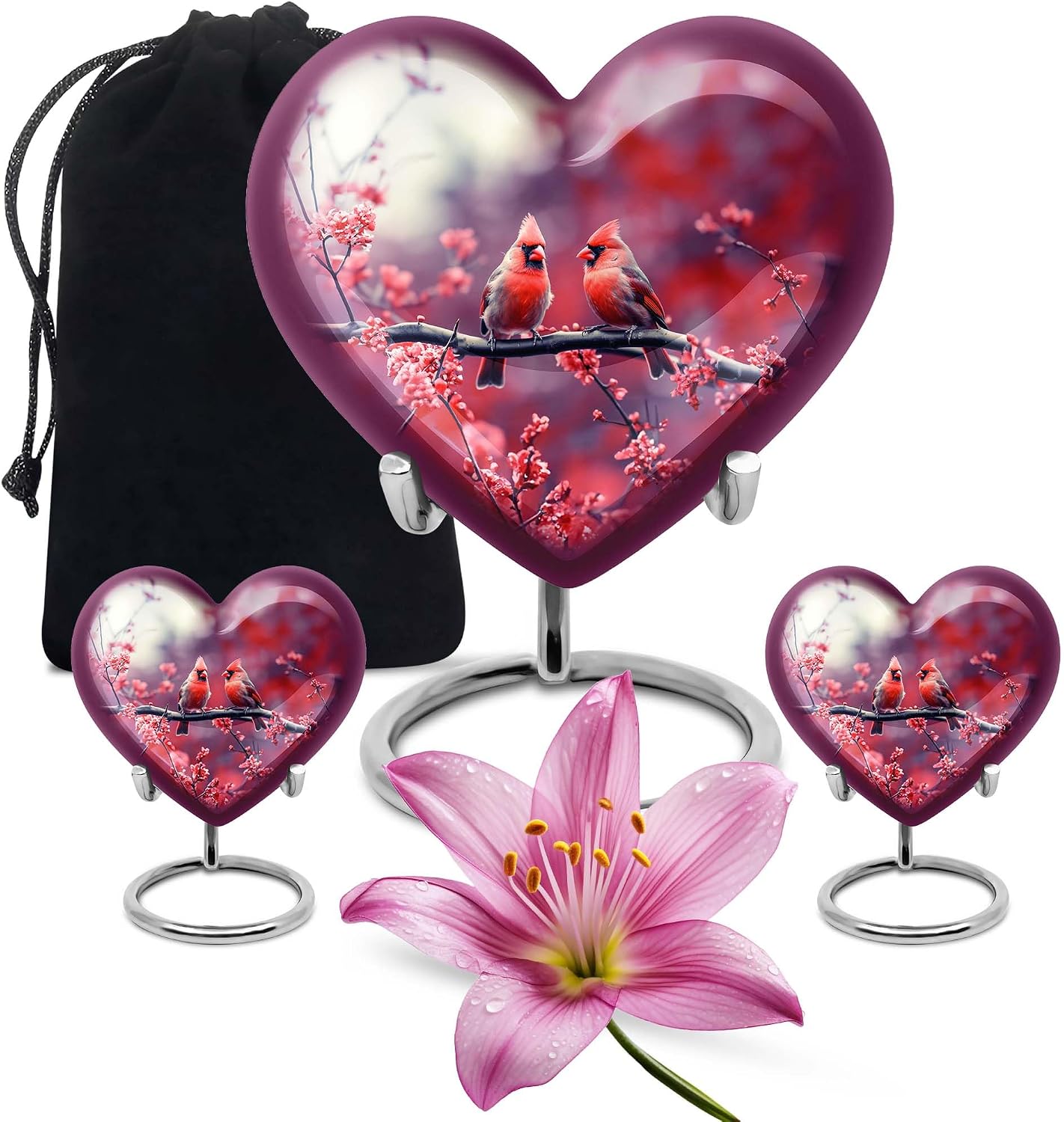 Cardinal Bird Memorial Heart Urn - Combo of 3 (10 Inch & Keepsake Set of 2) - Brown Pet Urns for Ashes, Decorative Adult Small Urn