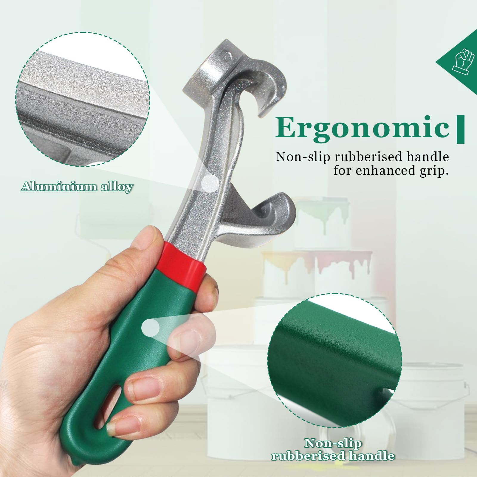 Herramienta manual de abridor de cubos de 5 galones, llave de cubo de tapa de aluminio resistente con agarre de goma antideslizante, latas de pintura abiertas sin esfuerzo y cubos industriales 3