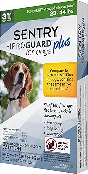 Sentry Fiproguard Plus for Dogs, Flea and Tick Prevention for Dogs 23-44 Pounds, Includes 3 Month Supply of Topical Flea Treatments