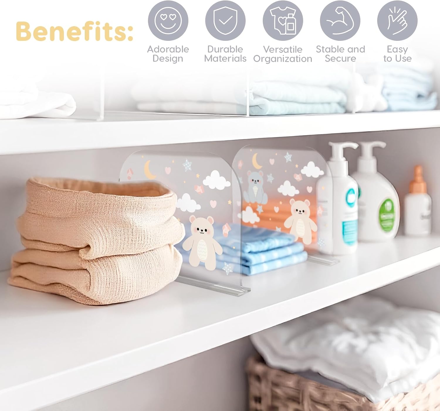 Baby Closet Organizers 4 Clear Acrylic Baby Clothes Dividers for Closet with Bear, Moon, Star, Cloud, and Heart Designs Safe, Rounded Edges for Organizing Baby Clothes, Diapers.