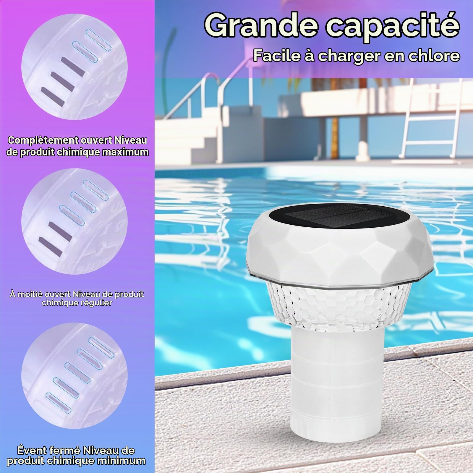 Lampe Solaire Piscine Flottante Diffuseur Chlore Piscine avec Lumière Solaire LED Distributeur de Chlore Flottant avec télécommande Libération Réglable & Ouverture Facile Doseur Flotteur Solaire