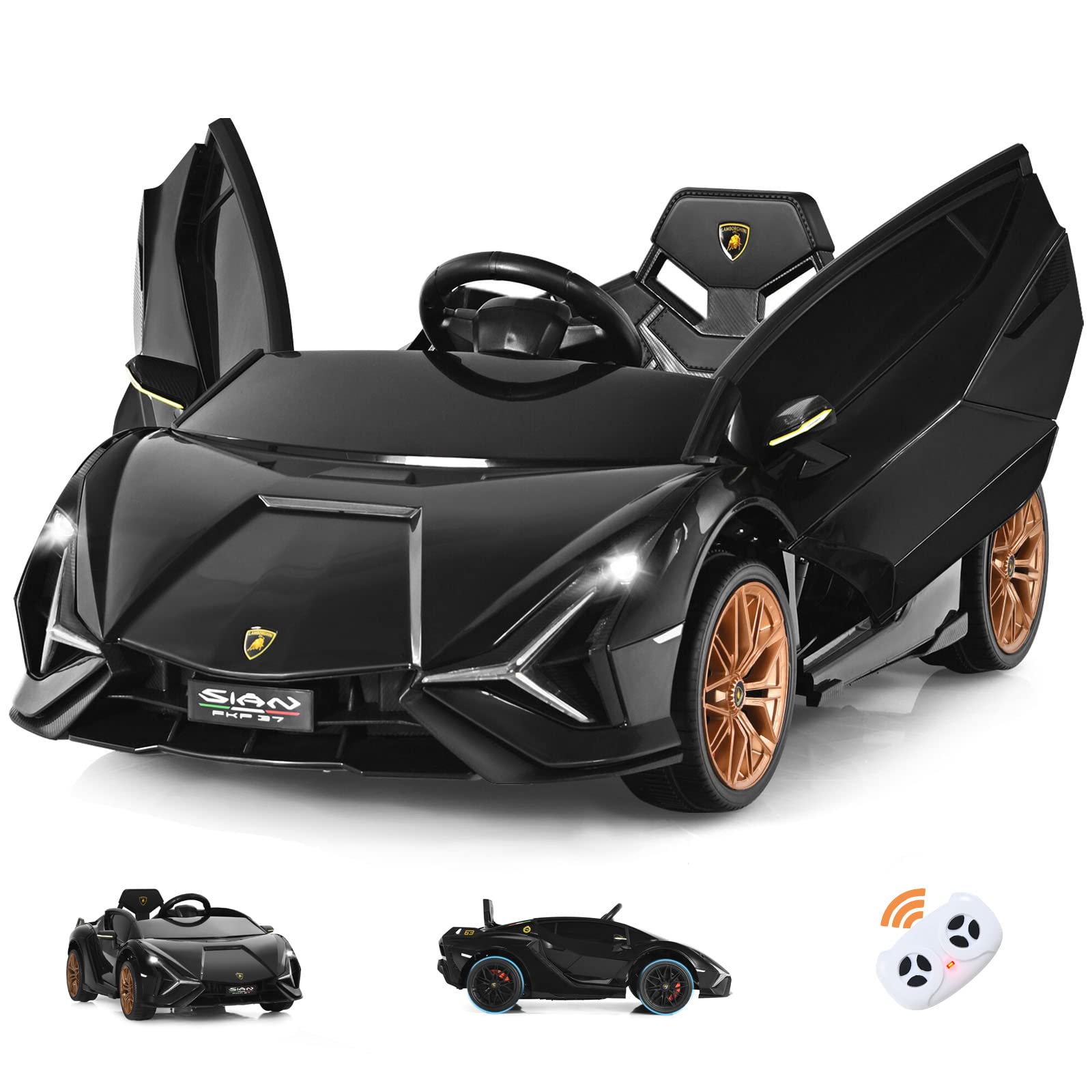 GOPLUS 12V Voiture Electrique Enfants Lamborghini avec Télécommande 2,4G,Véhicule Electrique Enfants 3-8 Ans avec Portes Papillon LED/Musique/USB,3-5 KM/H,Charge 25KG(Noir)