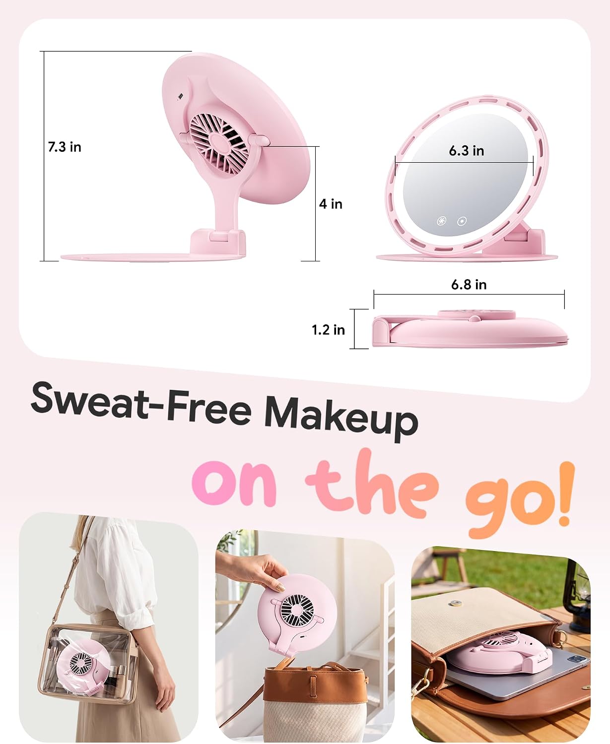 Gospire Foldable Lighted Makeup Mirror with Fan, 3 Speed Cooling Fan, 3 Color Dimmable Lighting, Portable Travel Mirror with Adjustable Stand, Rechargeable LED Vanity Mirror for Bedroom Tabletop, Pink
