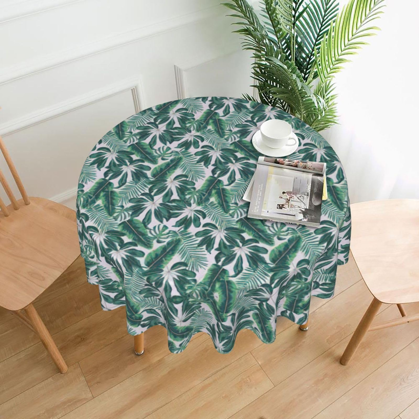 SDEGTHO Mixed Tropical Leaves Plain Print Modern Retro Round Tablecloth 60in Polyester Fabric Cover for Party Dining Table Washable