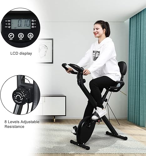 Miniatura 6 de Bicicleta estática plegable con bandas de resistencia vertical para interiores con 8 niveles de resistencia magnética y asiento de respaldo de ajuste