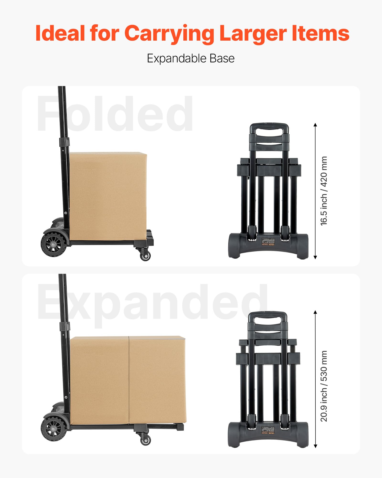 VEVOR Carrello a Mano Pieghevole, Capacità di Carico di 135 kg, Carrello Portabagagli Pieghevole con 4 Ruote, 2 Corde Elastiche e Base Espandibile, Multiuso per Trasporto Bagagli