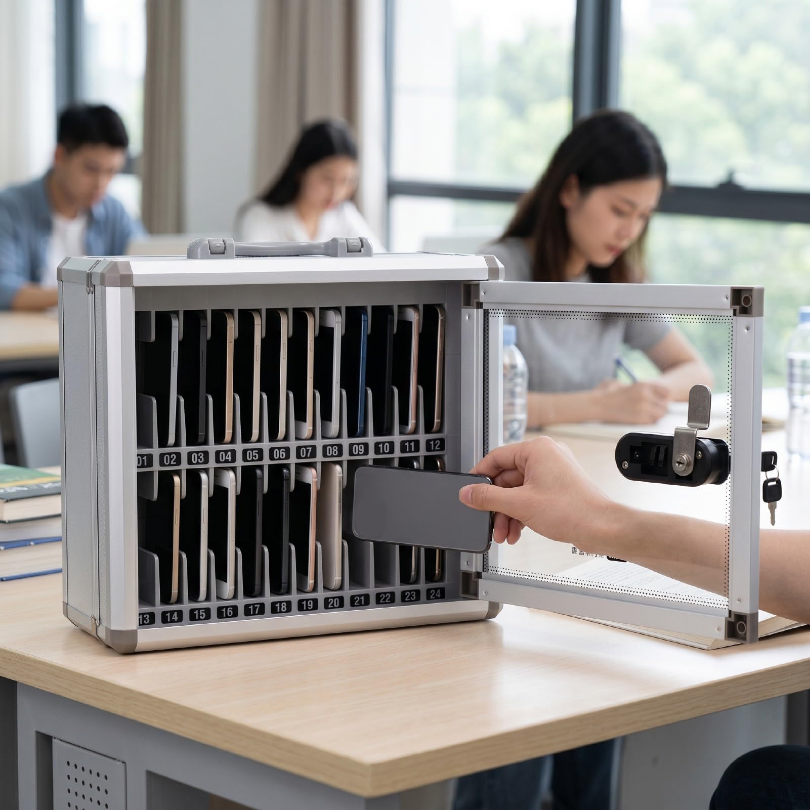 Luocute Cassetta di Sicurezza per Telefono a 24 Scomparti, Armadietto per Telefono con Combinazione Meccanica con Portachiavi per Aula, Ufficio, Laboratorio Scolastico