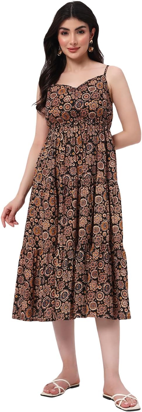 Women's Cotton Printed Sleeveless Midi Dress for Summer | Casual & Comfortable Fit