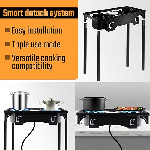 Miniatura 3 de Estufa de gas propano de 2 quemadores, cocina de campamento al aire libre de 150,000 BTU con patas extraíbles, regulador y manguera de 0 a 20 PSI,