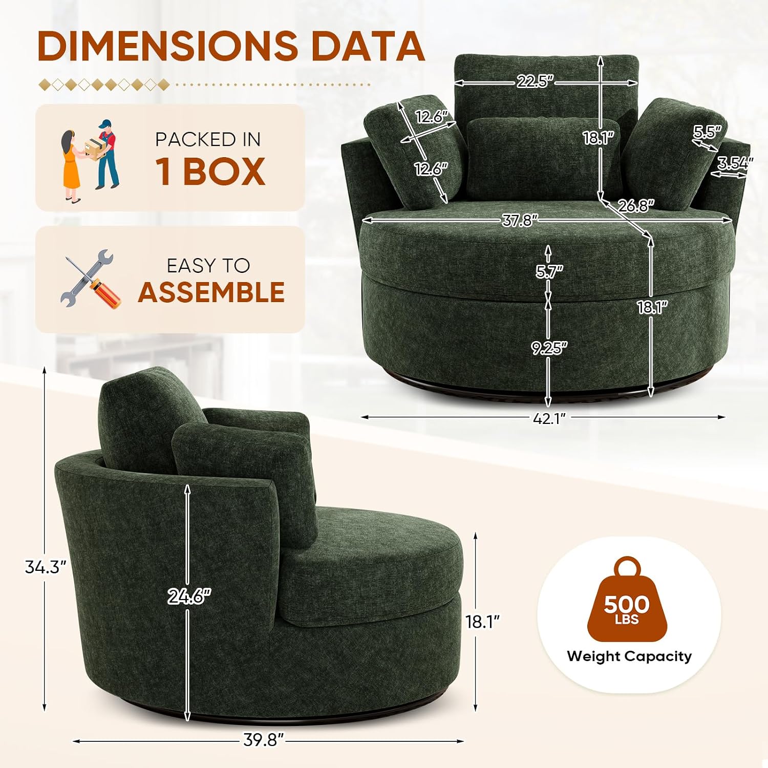 Swivel Accent Barrel Chair, 42'' W Chenille Upholstered Round Swivel Chair, 360 Degree Modern Oversized Round Armchair, Comfy Single Sofa Chair for Nursery, Living Room, Bedroom(Green) 1 Green