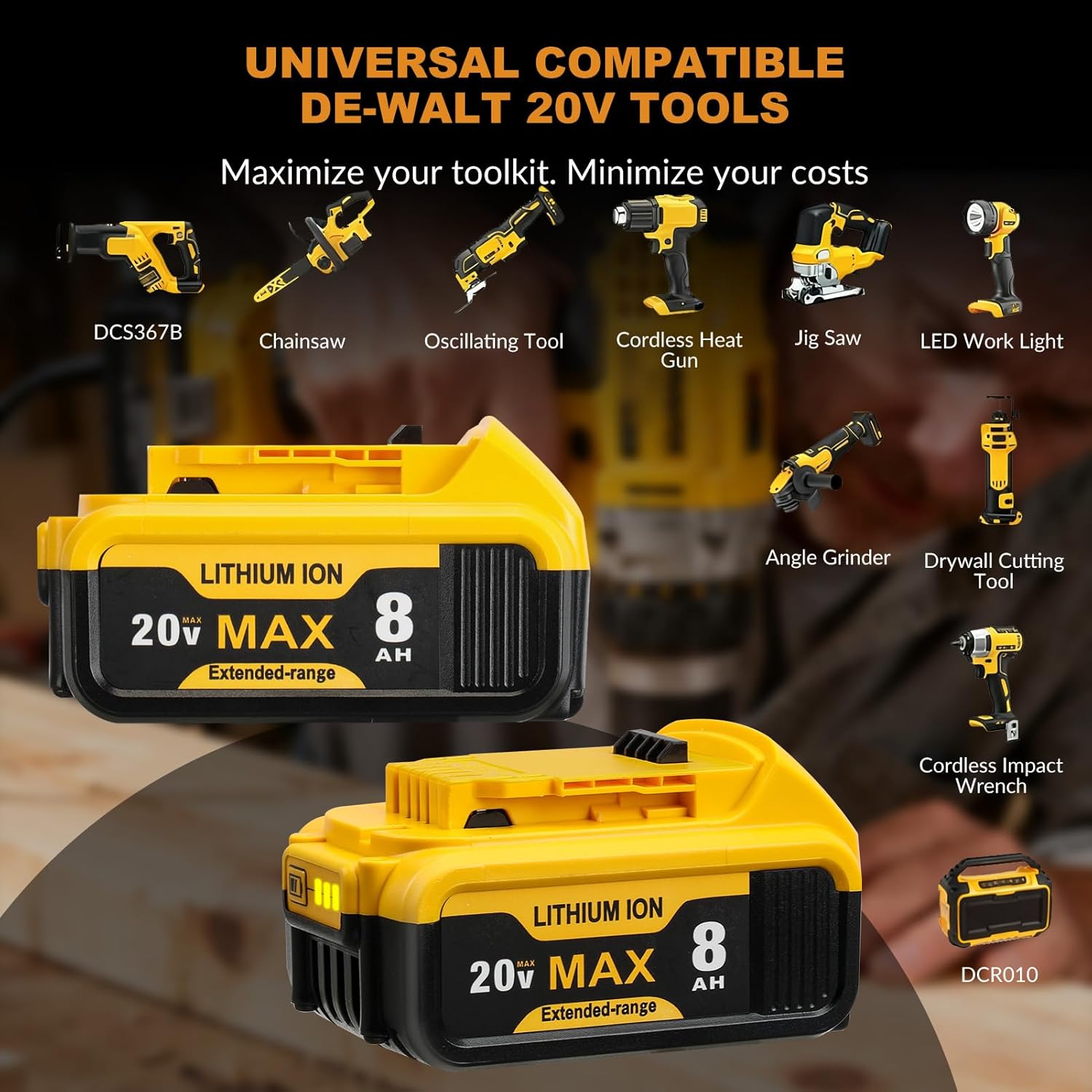 SANIU 4-Pack 8.0Ah Replacement for DeWalt 20V MAX Battery Compatible with Dewalt 20Volt Cordless Power Tools Lithium-ion DCB200 DCB208 DCB207 DCB206 DCB204 DCB201 DCB203 DCB181 DCB180