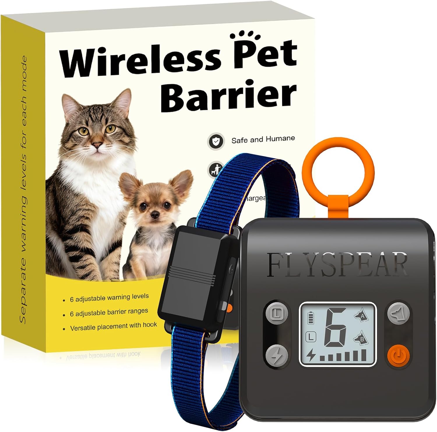 FLYSPEAR Wireless Cat Barrier - Rechargeable Indoor Barrier with 6 Adjustable Range Radius up to 7 ft, 6 Adjustable Safe Static Intensity for Cats Small Dogs with Hook (Wireless Barrier Kit)