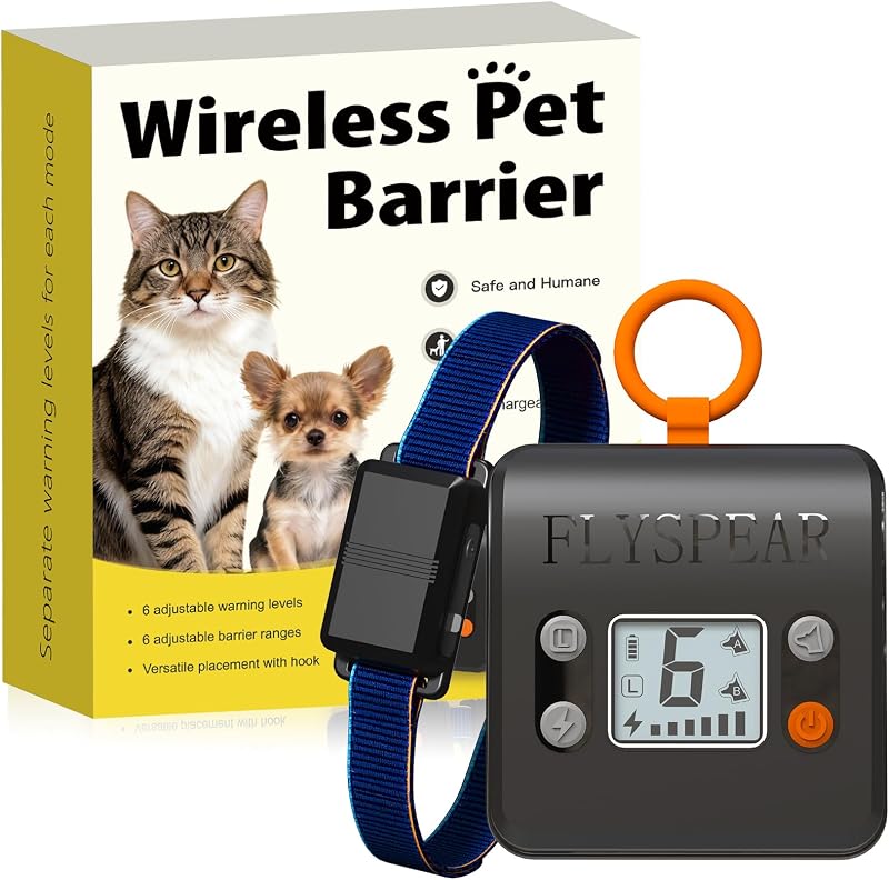 Barreira sem fio para gatos e cães pequenos FLYSPEAR com coleira recarregável e alcance ajustável até 2,13 m B1-S
