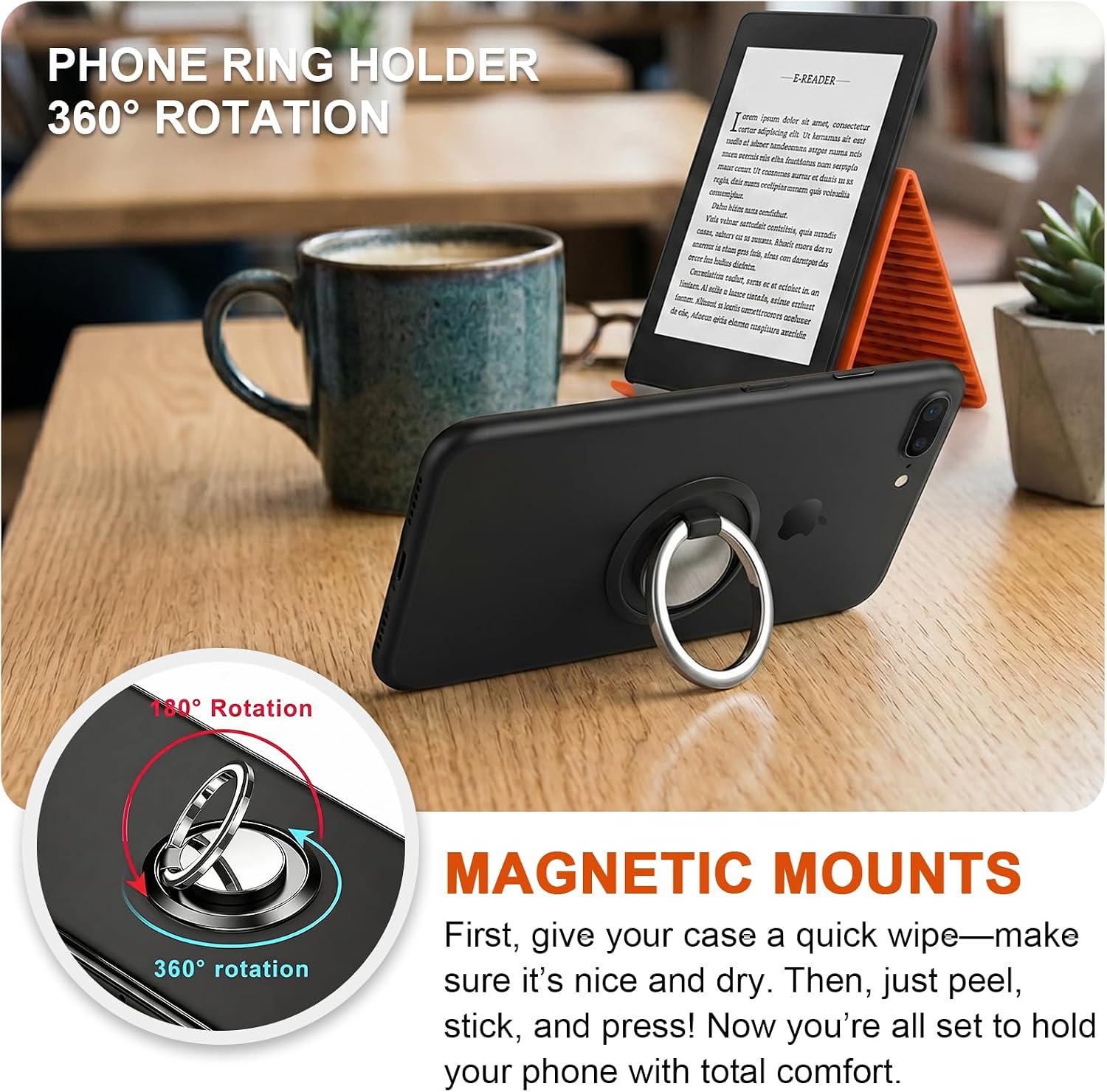 Flexible Silicone Phone Holder & Silicone Phone Stand, Bendable Airplane Travel Stand for Phone Tablet Laptop, Foldable Multi-Angle Desktop Mount with Bonus 360° Magnetic Ring Holder, Orange