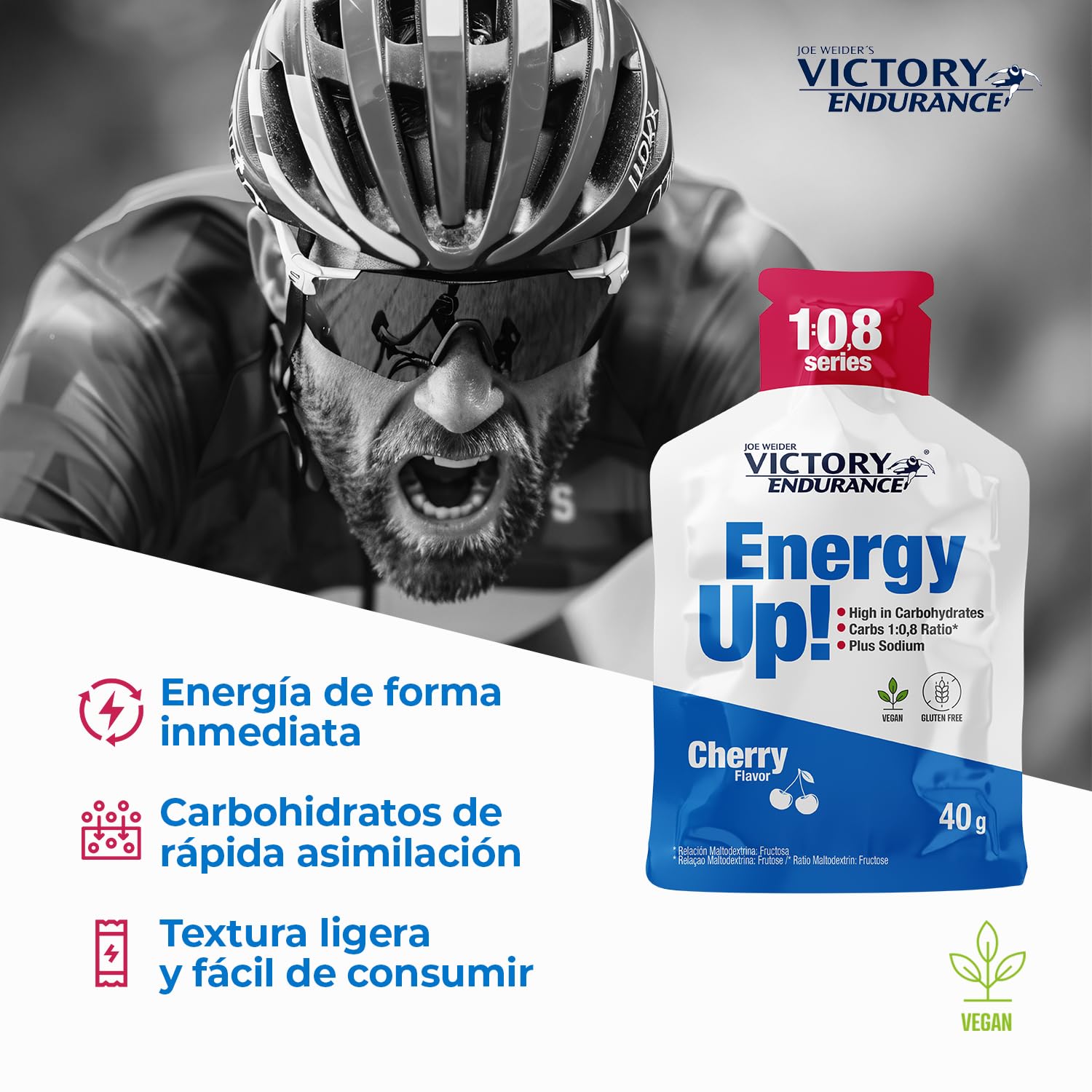 Victory Endurance Energy Up Gel 1:0,8 Series (24x40g) Sabor Cereza, Alto en Carbohidratos Ratio 1:0,8 maltodextrina:fructosa para energía adicional, rápida absorción, extra de sodio, vegan, sin gluten