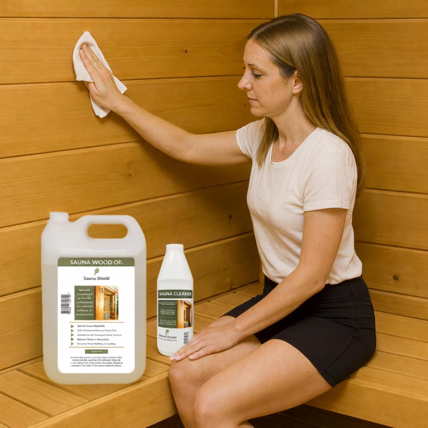 Sauna Care Set – Sauna Wood Oil (1.32 Gallons) & Sauna Cleaner (33.8 fl oz) with Applicator Sponge & Gloves | Protects, Cleans & Nourishes Sauna Wood | For Traditional & Infrared Saunas
