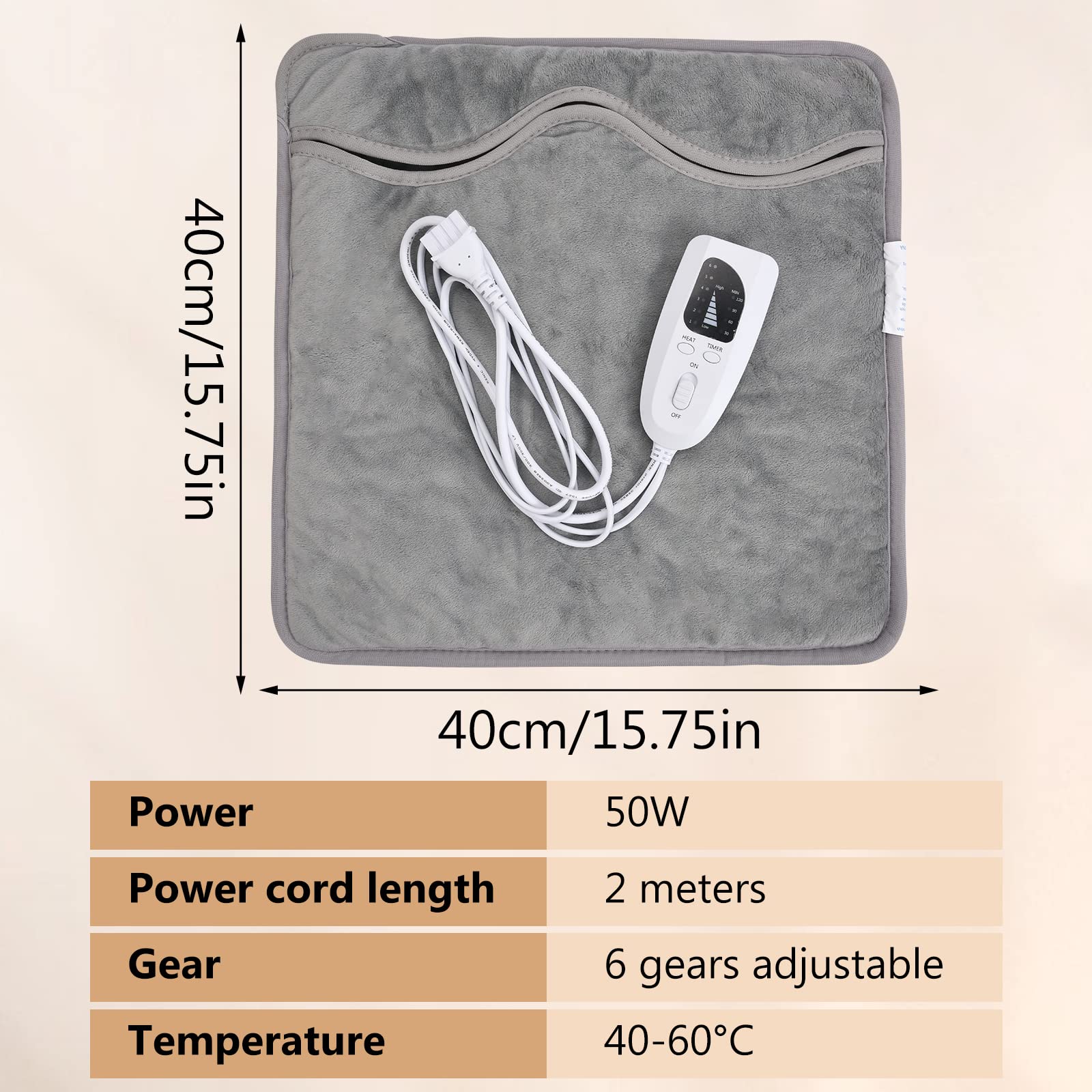 Calentador de Pies Eléctrico 15.7x15.7 Pulgadas, 6 Velocidades, Lavable a Máquina