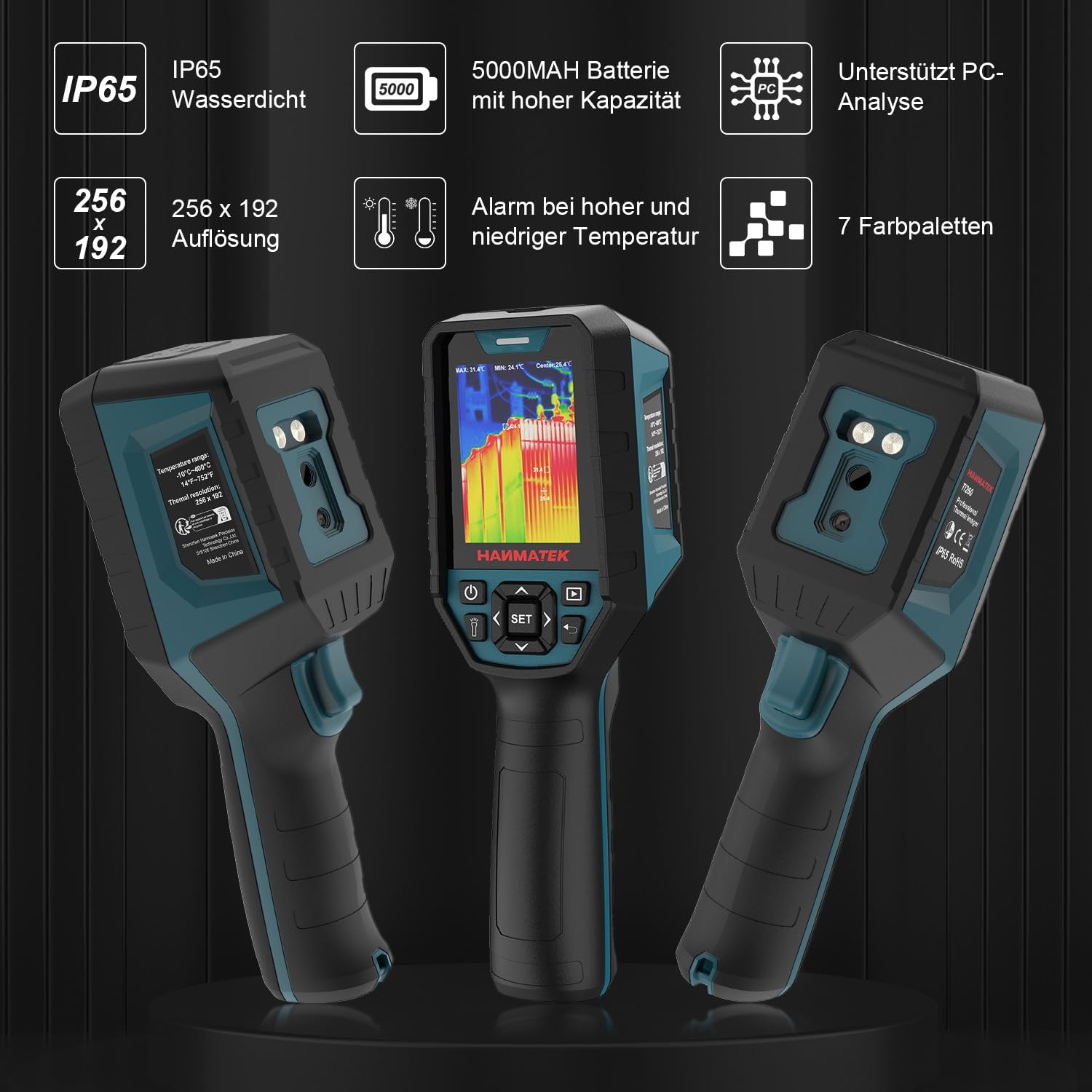 HANMATEK Ti260 Infrarot Wärmebildkamera 256×192 Pixel | -20 bis 400°C Messbereich, Wiederaufladbarer Li-Ionen Akku, Diagnose von Temperaturanomalien für Elektrik & Heizung