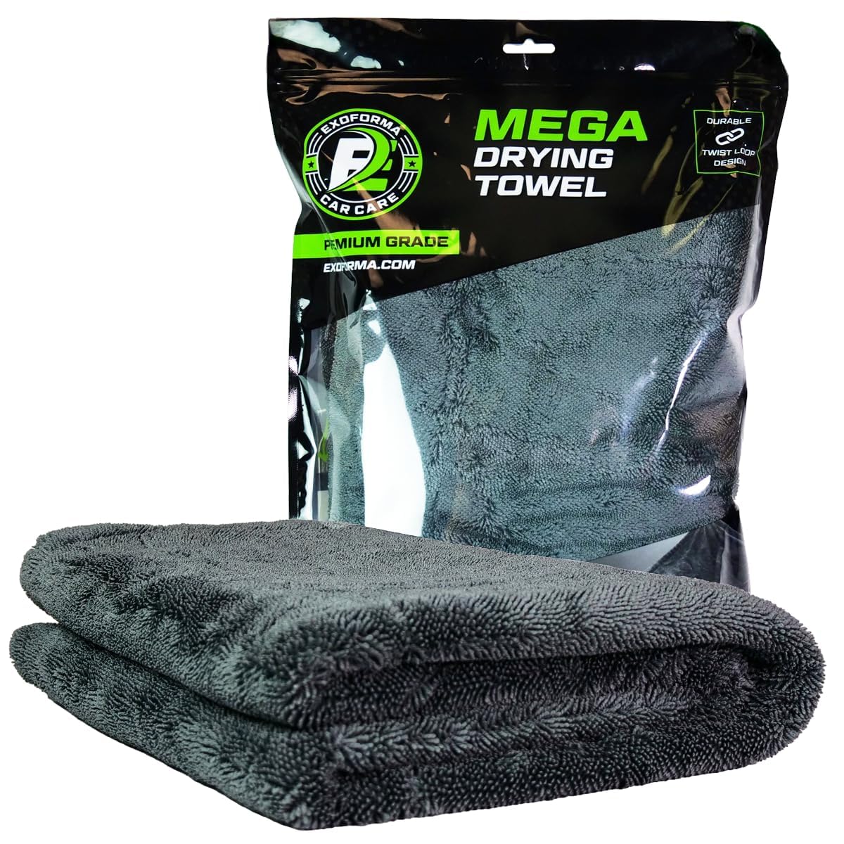 ExoForma Mega - Toalla de secado de coche de 2 unidades, sin rayas, arañazos o manchas de agua, microfibra grande de alta calidad de 1200 g/m², diseño de pelo de doble torsión y sin bordes para 1
