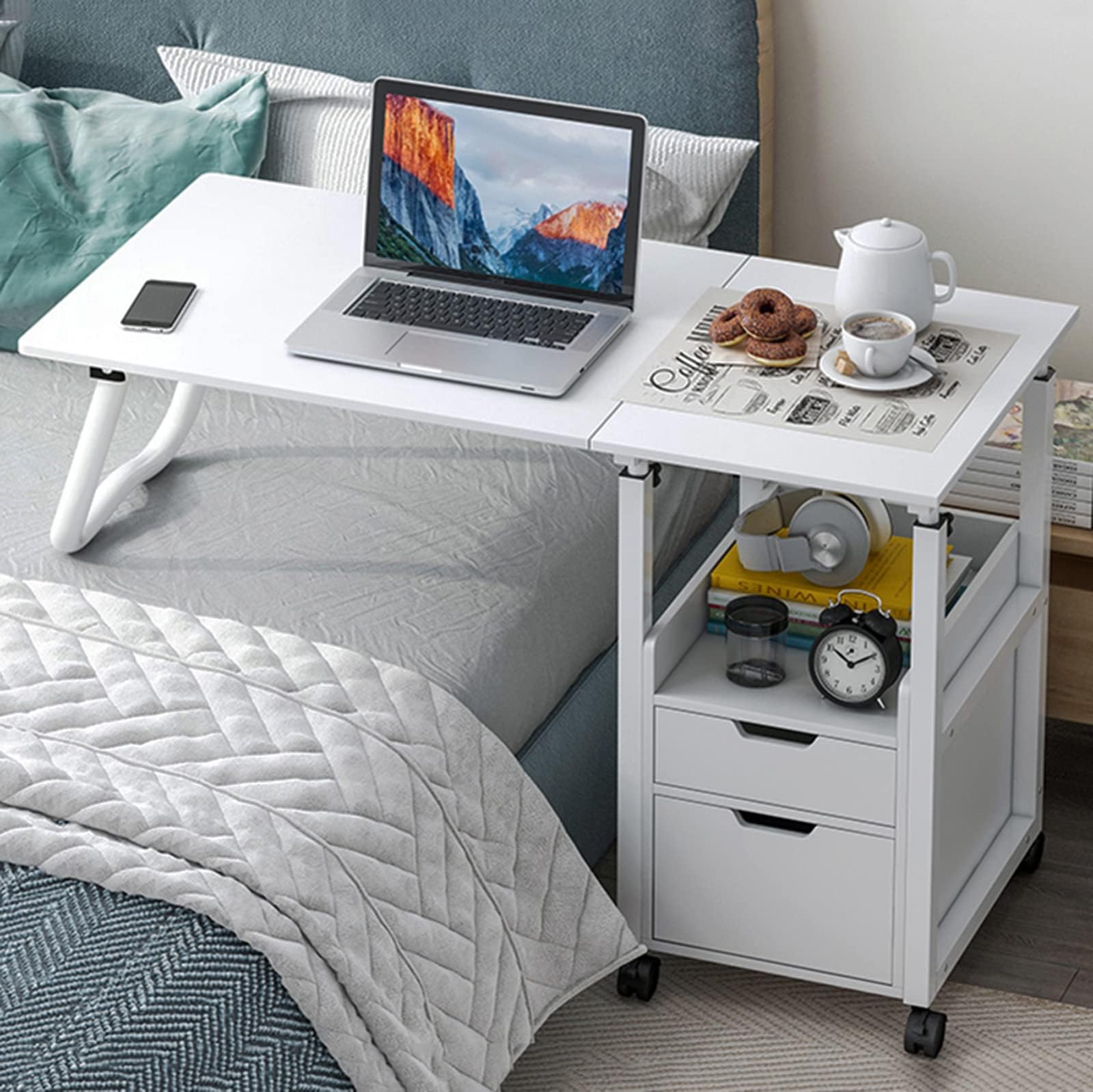 2 in 1 Overbed Table with Wheels, Bedroom Side Table, Foldable Bedside Table with Drawer, Height Adjustable Over Bed Desk Laptop Cart Mobile Computer Desk Workstation with Wheels Nightstand