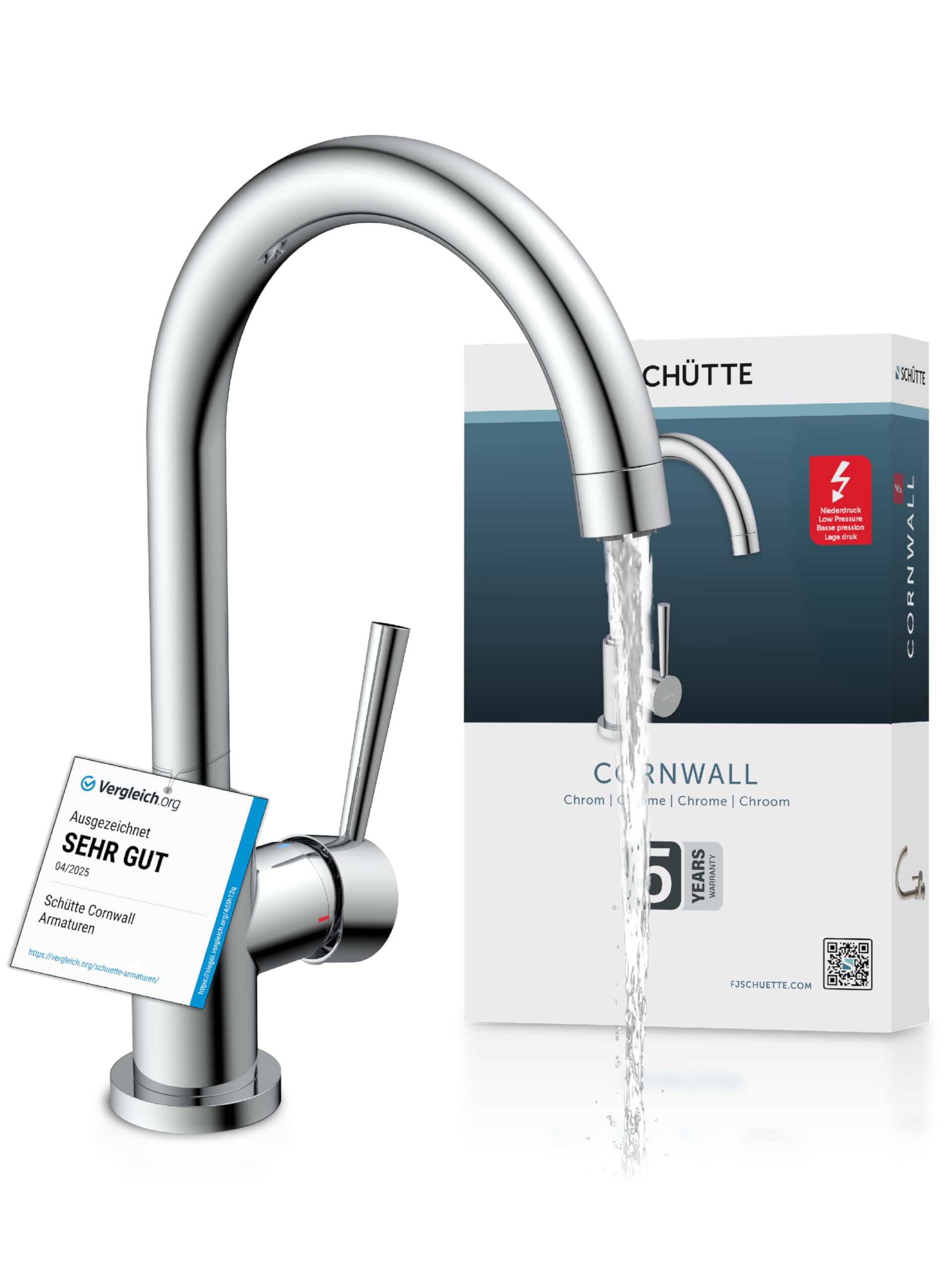 Robinet basse pression Schütte Cornwall mitigeur de cuisine avec bec haut pivotant à chrome 79119