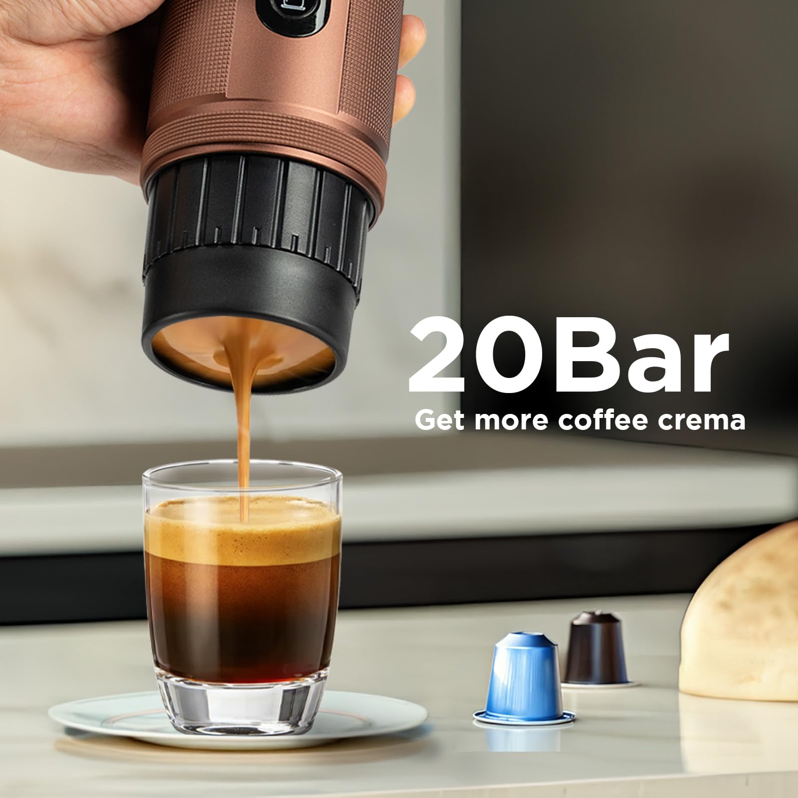 Cafetera Espresso Portátil: Cafetera Portatil Capsulas para Viaja - 8 Tazas por Carga - Calentamiento rápido - Indicado para coche y viajes - Compatible con Cápsulas Nespresso -Marrón