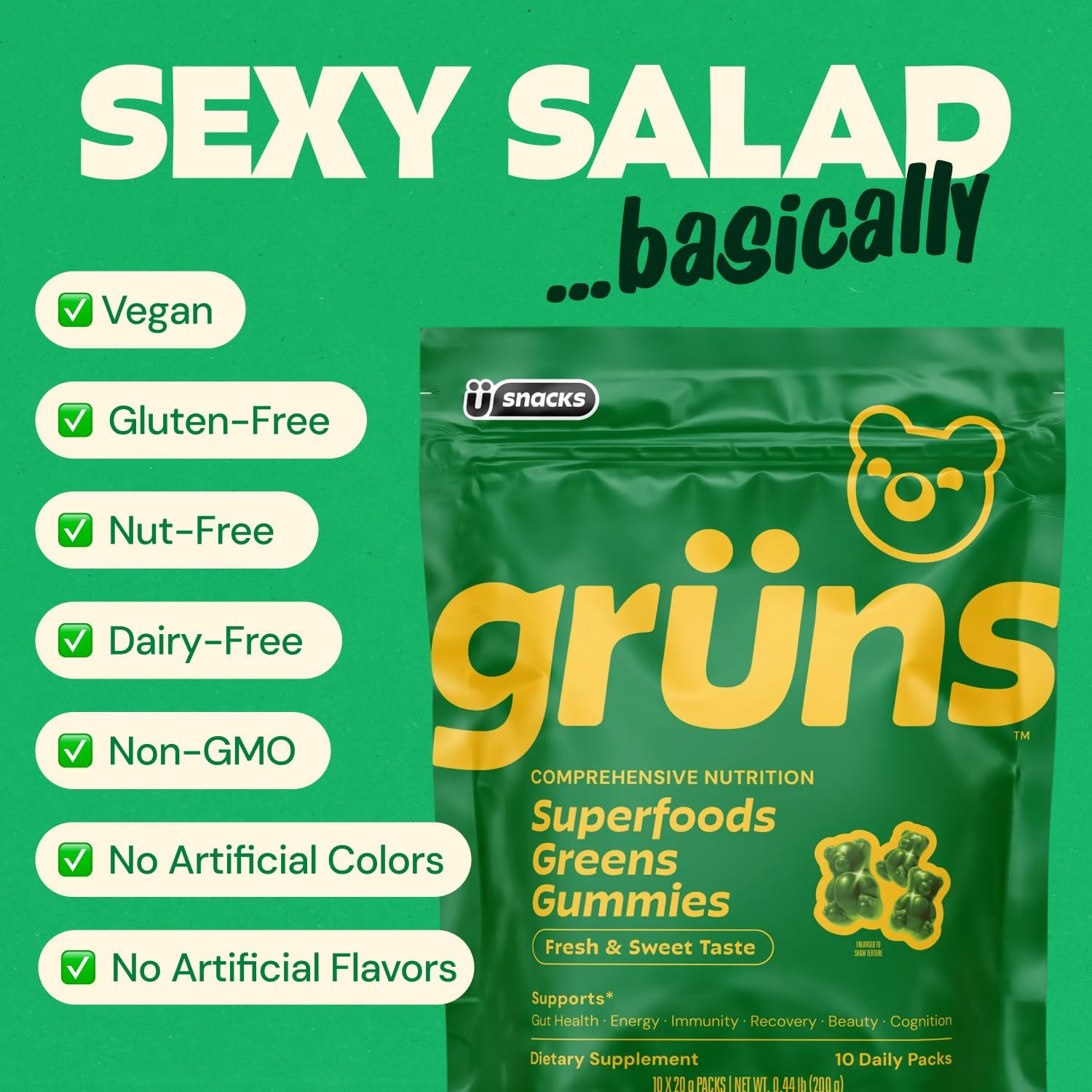 Gruns Adults Super Greens Multivitamin Gummies, Superfood Vitamin Gummy Bears with Spirulina, Chlorella, Prebiotic Fiber for Digestive Health, Adaptogens Supplement, 20 Vitamins & Minerals, 28 Count - Image 9