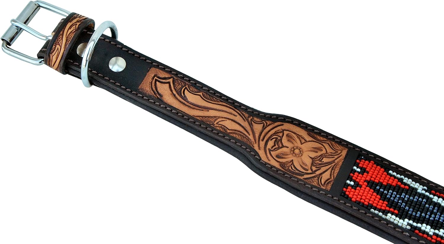 Leather Dog Collar Western Style Heavy Duty Hand Tooled Adjustable Beaded and Padded Soft for Puppies and Big Dogs 10AB010