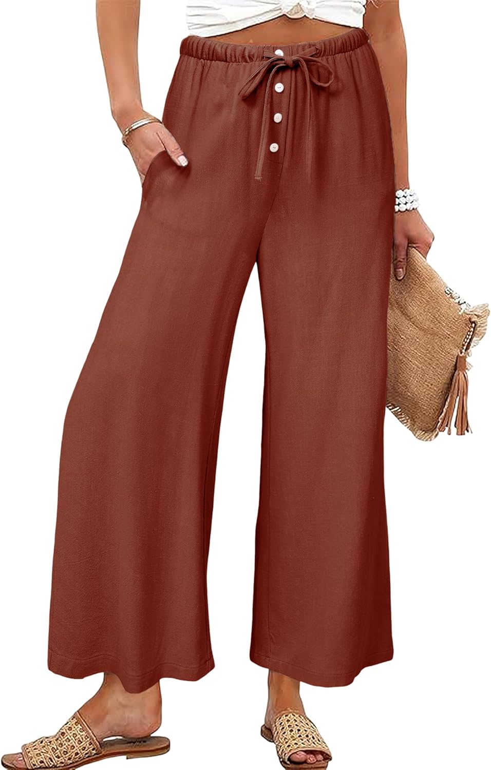 Fiona Jolin Womens Cotton Linen Pants Summer Casual Beach Pants Drawstring Flowy Wide Leg Palazzo Trousers with Pockets
