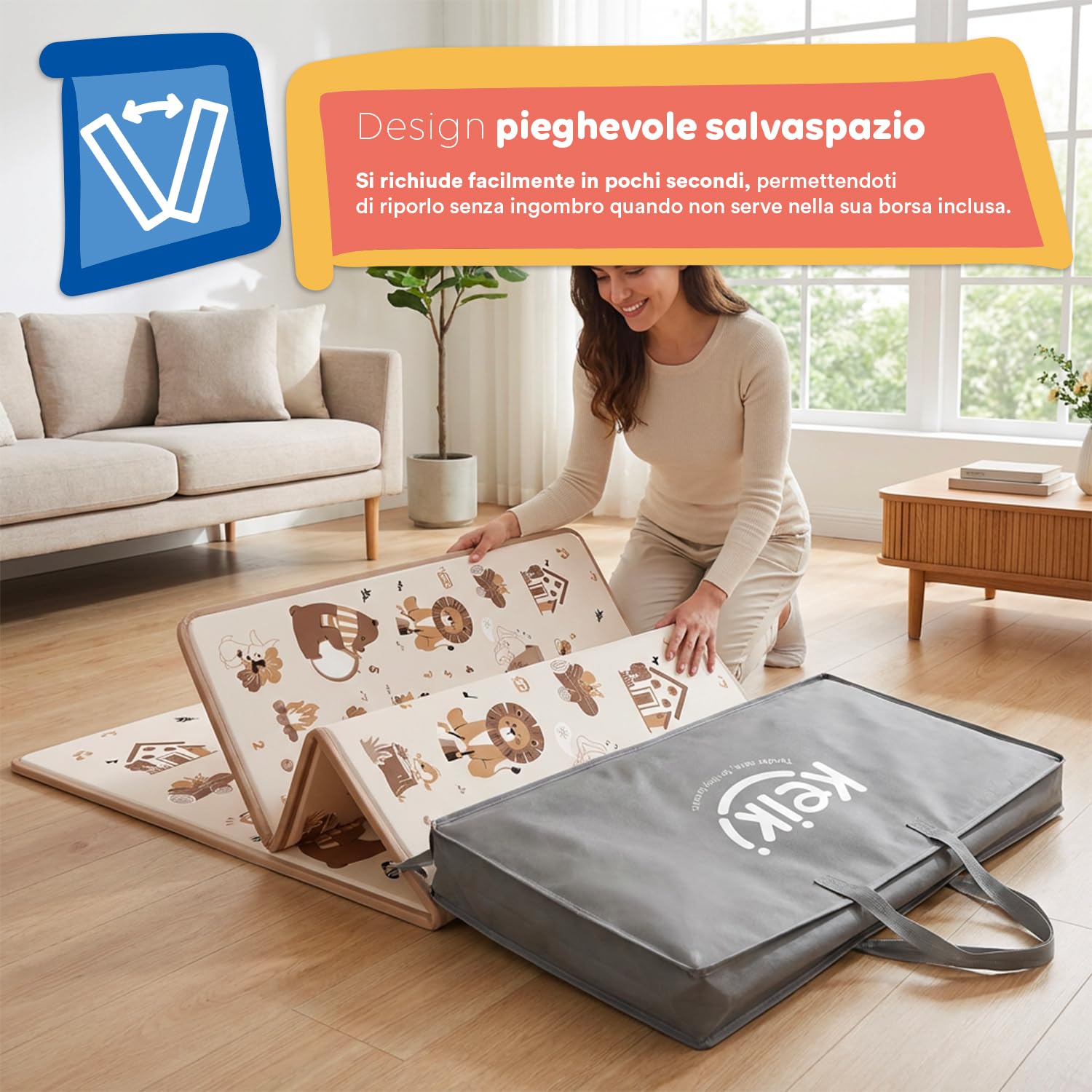 Avilia - Tappetino da Gioco Pieghevole per Bambini 180x150cm - Tappeto Educativo in XPE con Disegni - Spessore 1 cm Ammortizzante e Impermeabile - Borsa di Trasporto Inclusa (Amici Del Bosco)