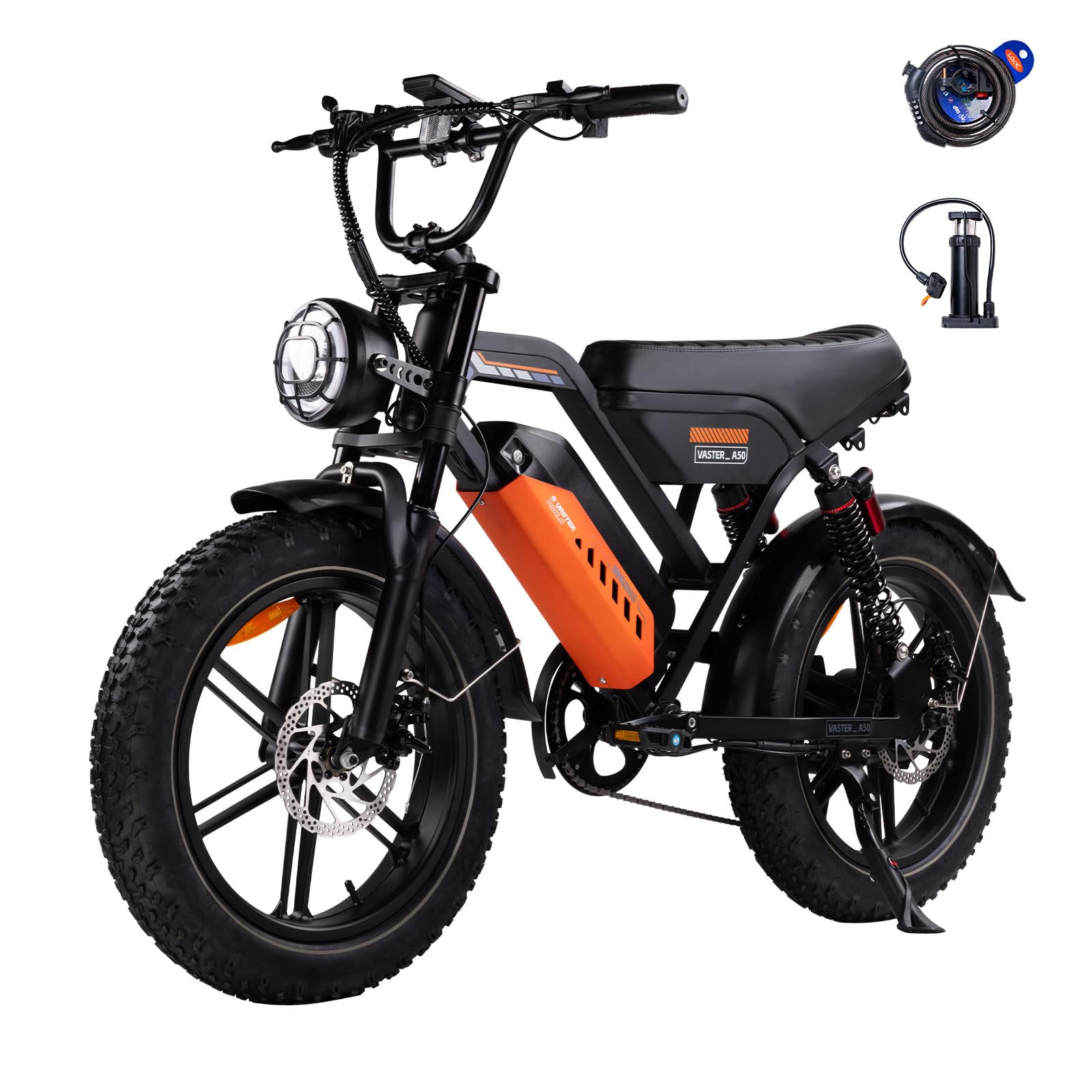 Bicicleta eléctrica para hombre, 20", batería extraíble, color negro y naranja