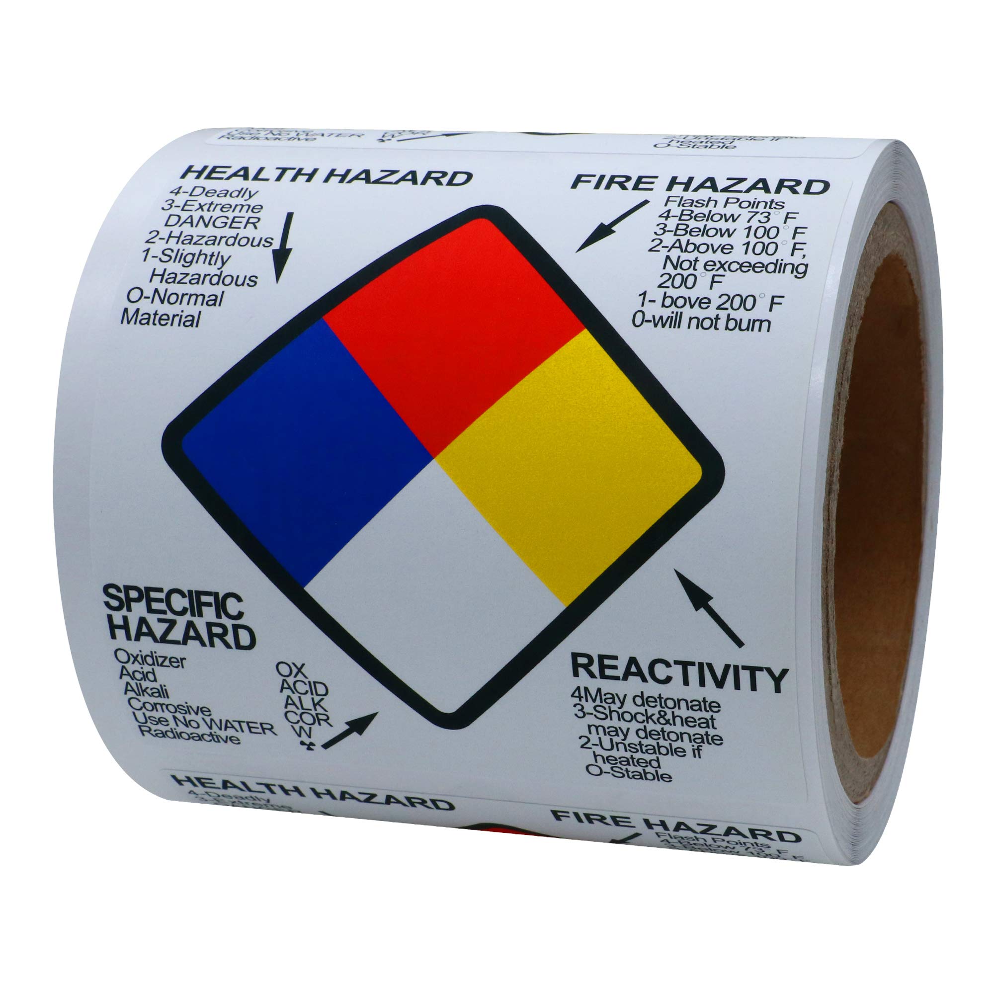 HYBSK NFPA Labels Health Fire Reactivity Specific Hazard OSHA Safety Labels 4 x 4 Inch Square 100 Adhesive Stickers