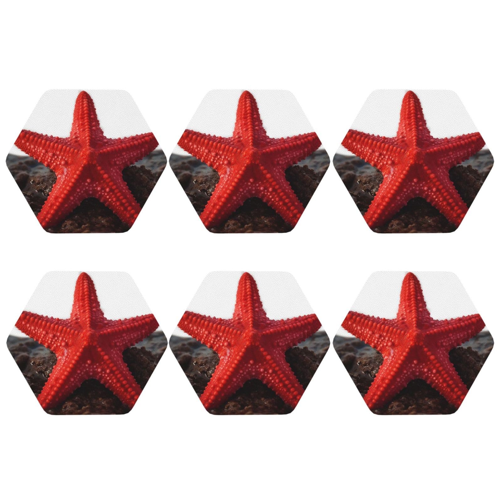 6pcs Leather Coasters for Drinks, Red Starfish Drink Coasters for Tabletop Protection, 4" Cup Coasters for Coffee Table Decor, Non-Slip Drinking Cup Mat for Hot Or Cold Drink