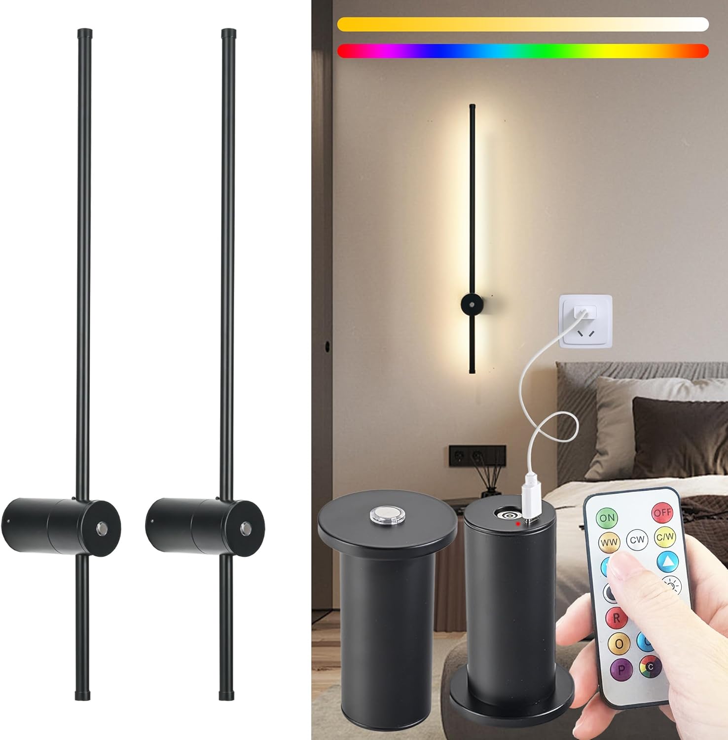 31.5 inch Battery Operated Wall Sconce Set Of 2, 10000mAh Rechargeable Wall Light With Remote Control, RGB Dimmable Wireless Sconces Wall Decor For Bedroom Living room Hallway, 360°Rotate, Black