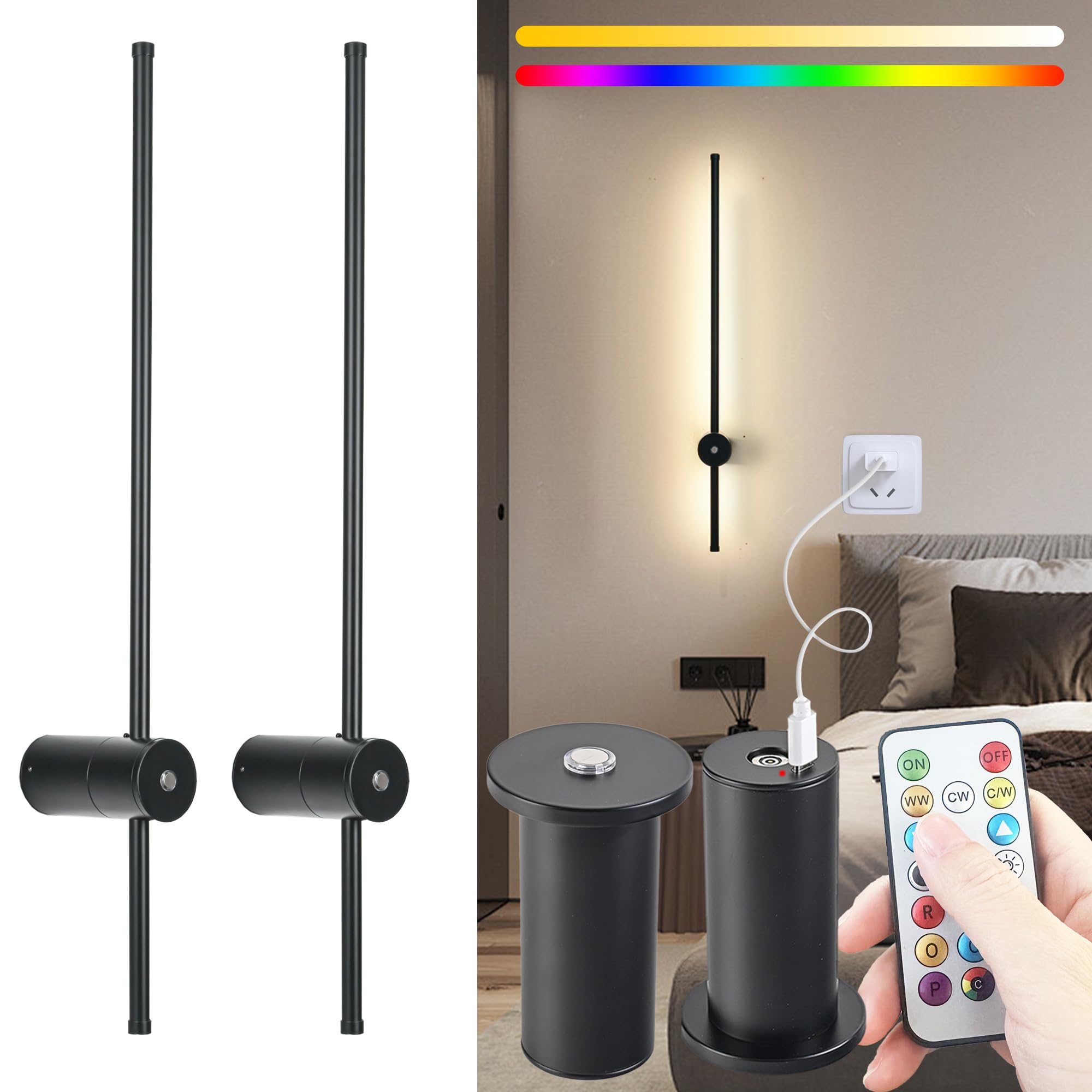 Photo 1 of 31.5 inch Battery Operated Wall Sconce Set Of 2, 10000mAh Rechargeable Wall Light With Remote Control, RGB Dimmable Wireless Sconces Wall Decor For Bedroom Living room Hallway, 360°Rotate, Black