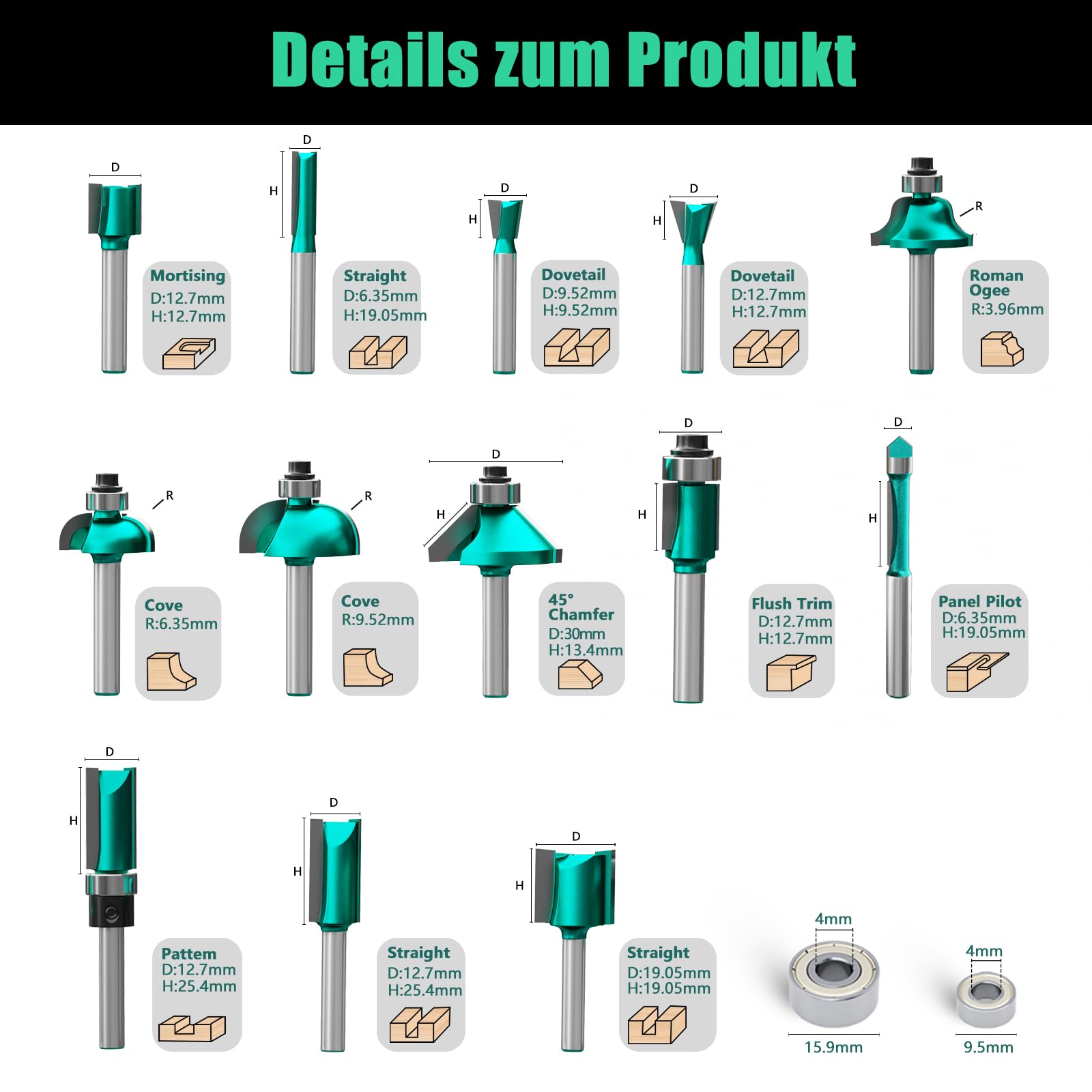CSOOM 30-teiliges professioneller Fräser-Set für Holzbearbeitung mit Ersatzlagern, geeignet für 8mm Schaft, Hartlegierungsklingen, Holzbearbeitungswerkzeuge, verpackt in stabilen Holzkisten