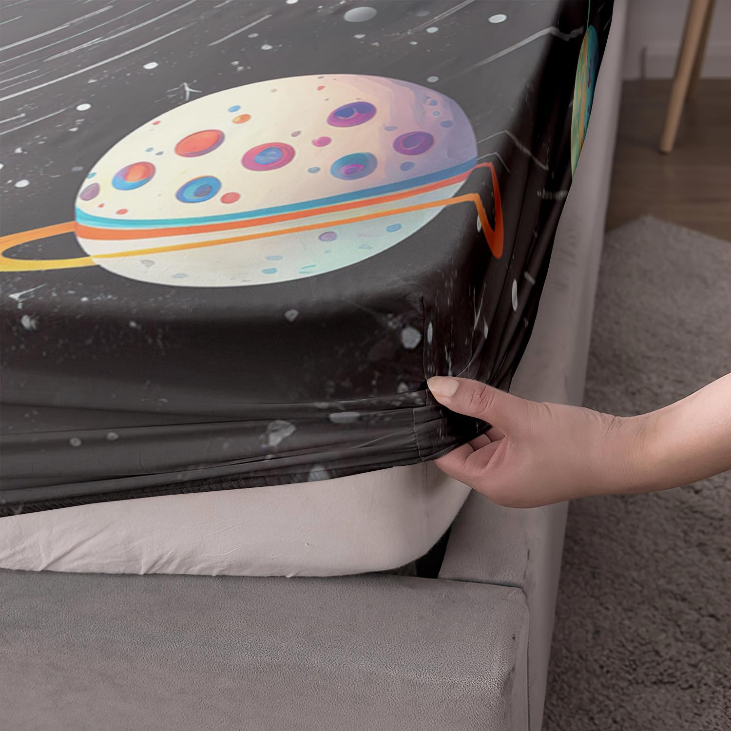 AILONEN Outer Space Fitted Sheet Set Queen Size,3D Astronaut Print Bed Sheet Set,Galaxy Bedding Cartoon Planet Rocket Sheet Set 3 Pieces, 1 Fitted Sheet and 2 Pillowcases