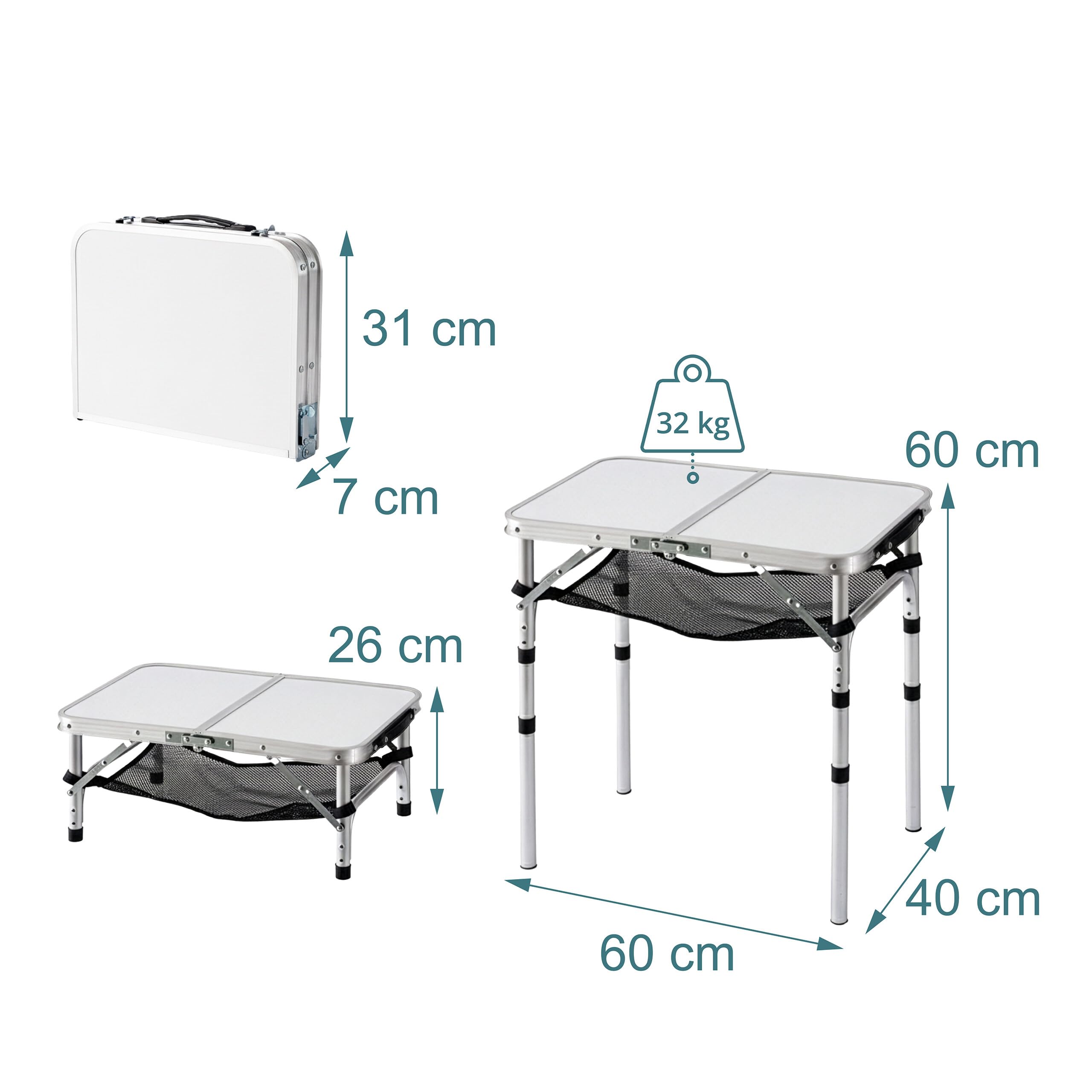 Relaxdays Table de Camping Pliante en Aluminium/MDF, Hauteur réglable, Anti-intempéries, 60x60x40 cm Blanche