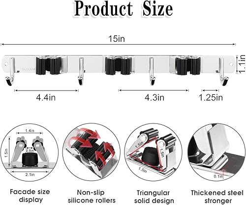 Miniatura 6 de AceMining 5 estantes y 4 ganchos y 3 estantes y 4 ganchos soporte para escobas y trapeador montado en la pared, organizador de garaje, estantes de
