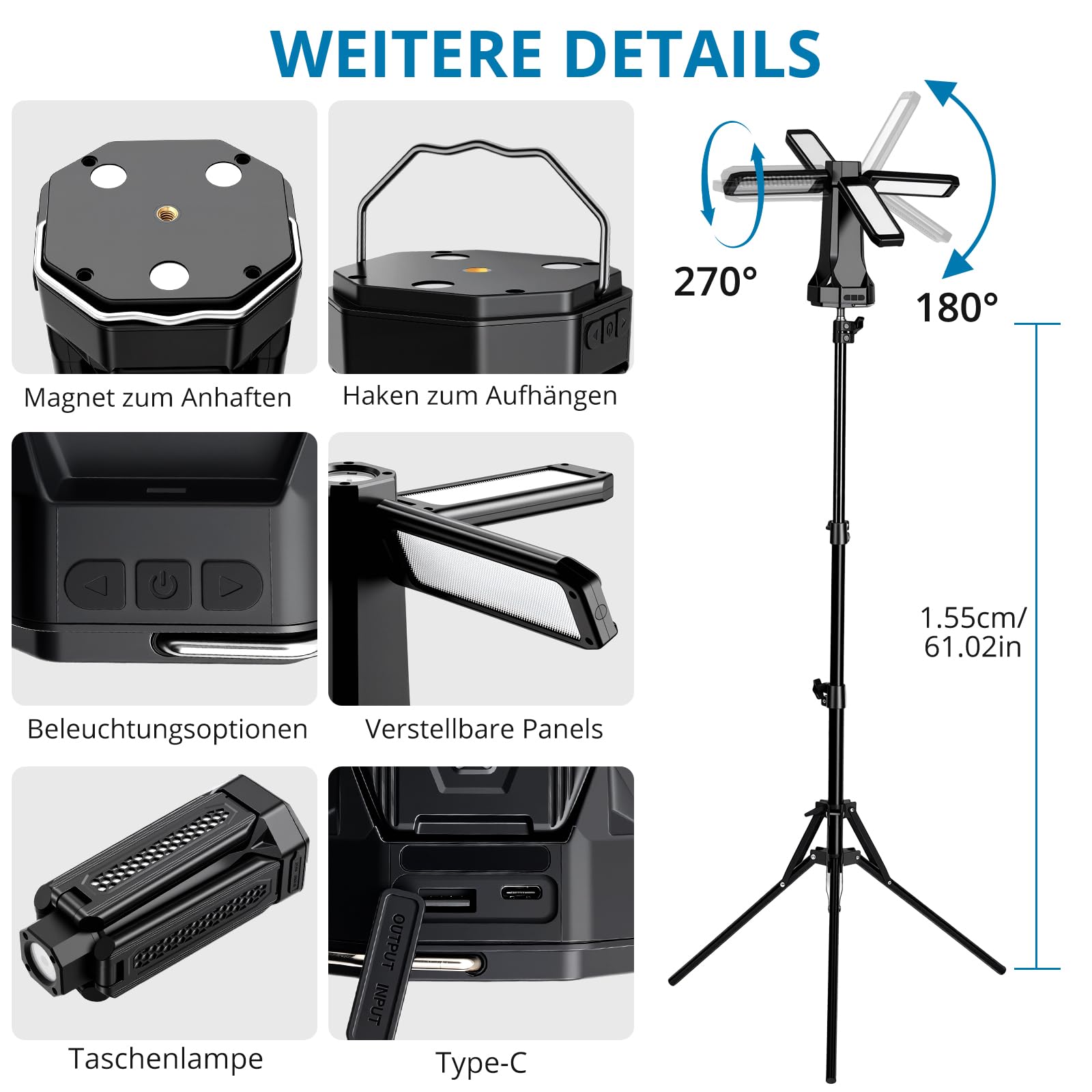 AUTOUTLET LED Campinglampe 16000mAh, 1,77M Baustrahler mit Stativ, 4000LM 4 Verstellbare Panels Campinglampe, 5 Lichtmodi, Dimmbar,Magnet & Haken,IP66 Wasserdicht Arbeitsleuchte für Werkstatt Outdoor