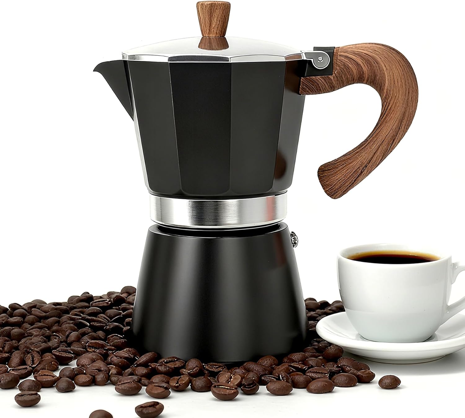 Italian Stovetop Espresso Maker, Classic Aluminum Moka Pot 6 Cup – Durable Manual Cuban Coffee Maker for Gas or Electric Stove, Brews Rich Aromatic Espresso at Home or Camping (Black)