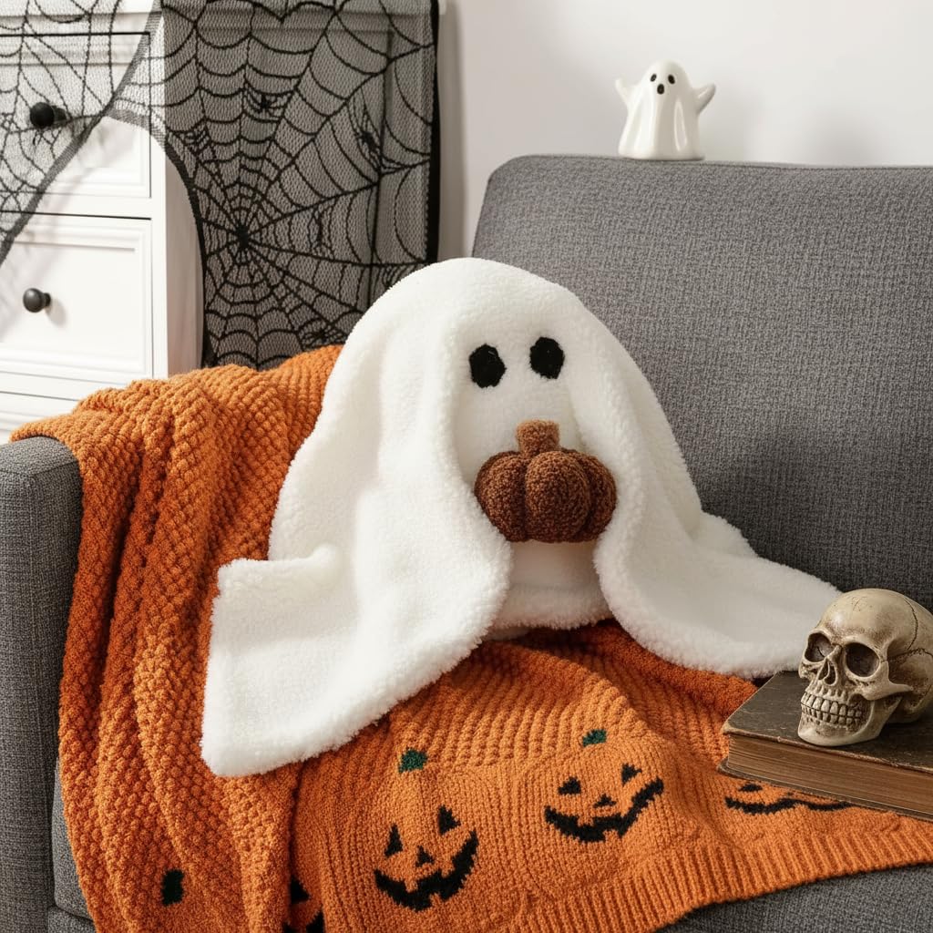 Ghost with Pumpkin Pillow, 11 Inch Ghost Plush Toy Halloween Decor, Cute Soft Halloween Party Decoration Pillow, Birthday, Thanksgiving, Christmas, for Boys and Girls