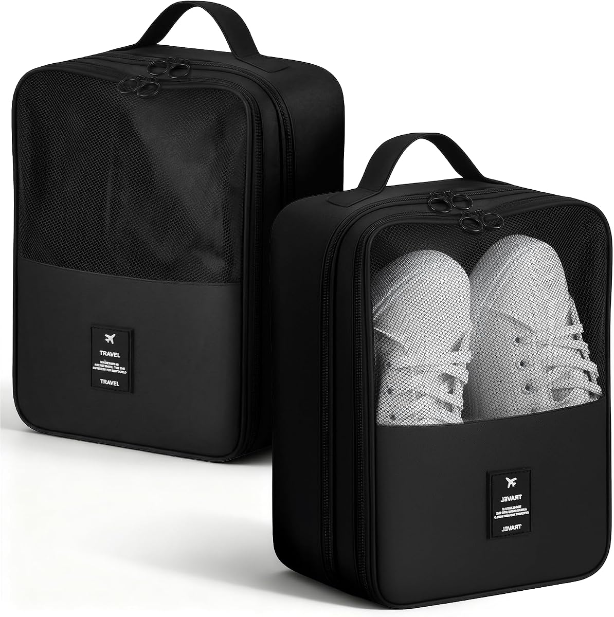 2 PCS Shoes Bags for Travel, Holds 2 Pair of Slippers and 1 Pair of Sneaker | Shoe Packing Cubes for Men Size Below 12 Waterproof for Toiletries Visible Travel Luggage with Trolley Sleeve-Black