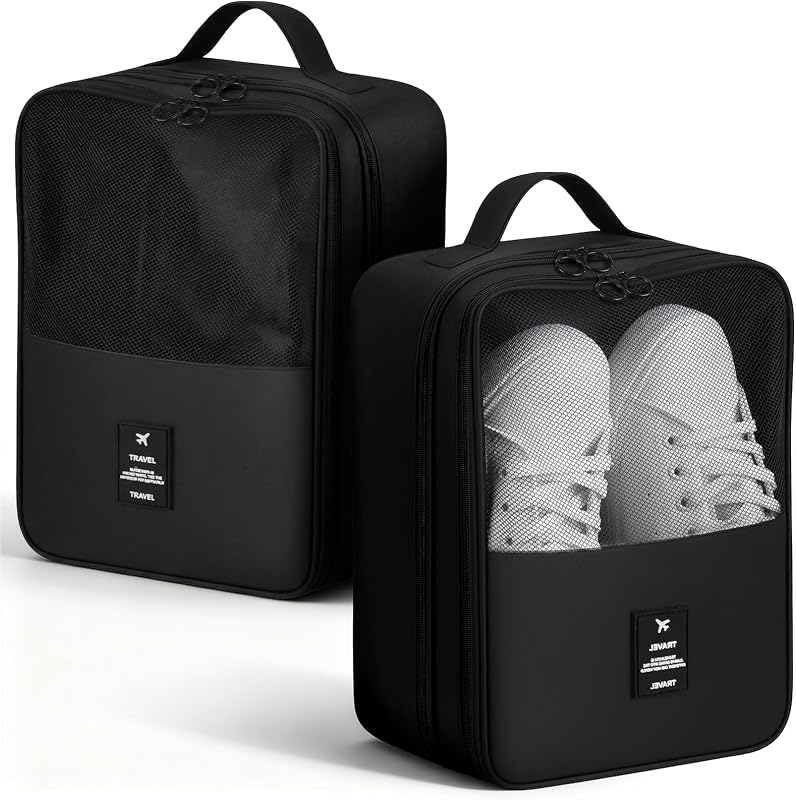 2 PCS Shoes Bags for Travel, Holds 2 Pair of Slippers and 1 Pair of Sneaker | Shoe Packing Cubes for Men Size Below 12 Waterproof for Toiletries Visible Travel Luggage with Trolley Sleeve-Black