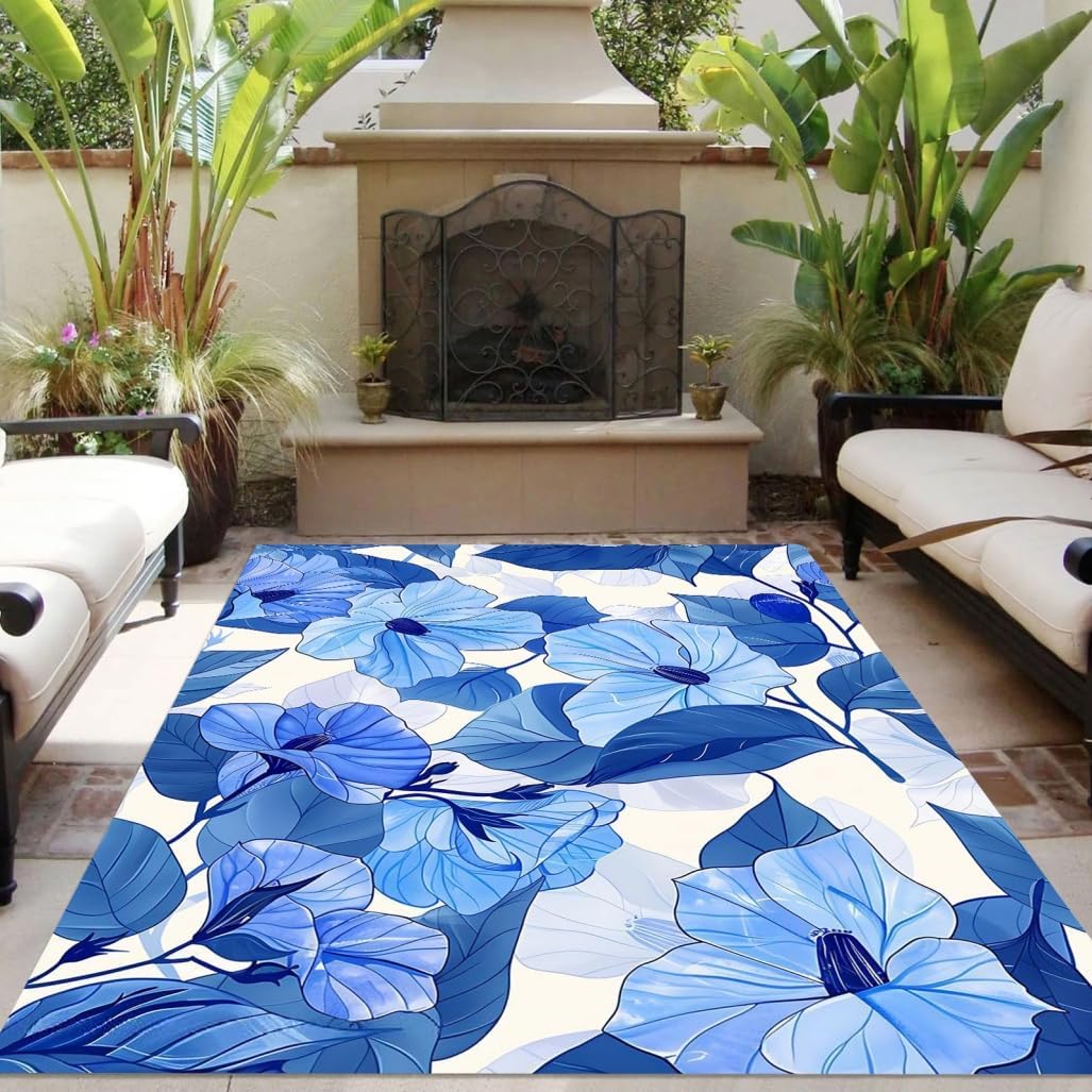 Blue White Floral Leaf Pattern Waterproof Outdoor Area Rug for Backyard Patio Deck Machine Washable No Slip Big Outside Carpet 2x6 Fade Resistant Reversible Balcony rv Camping Kitchen Floor Rug